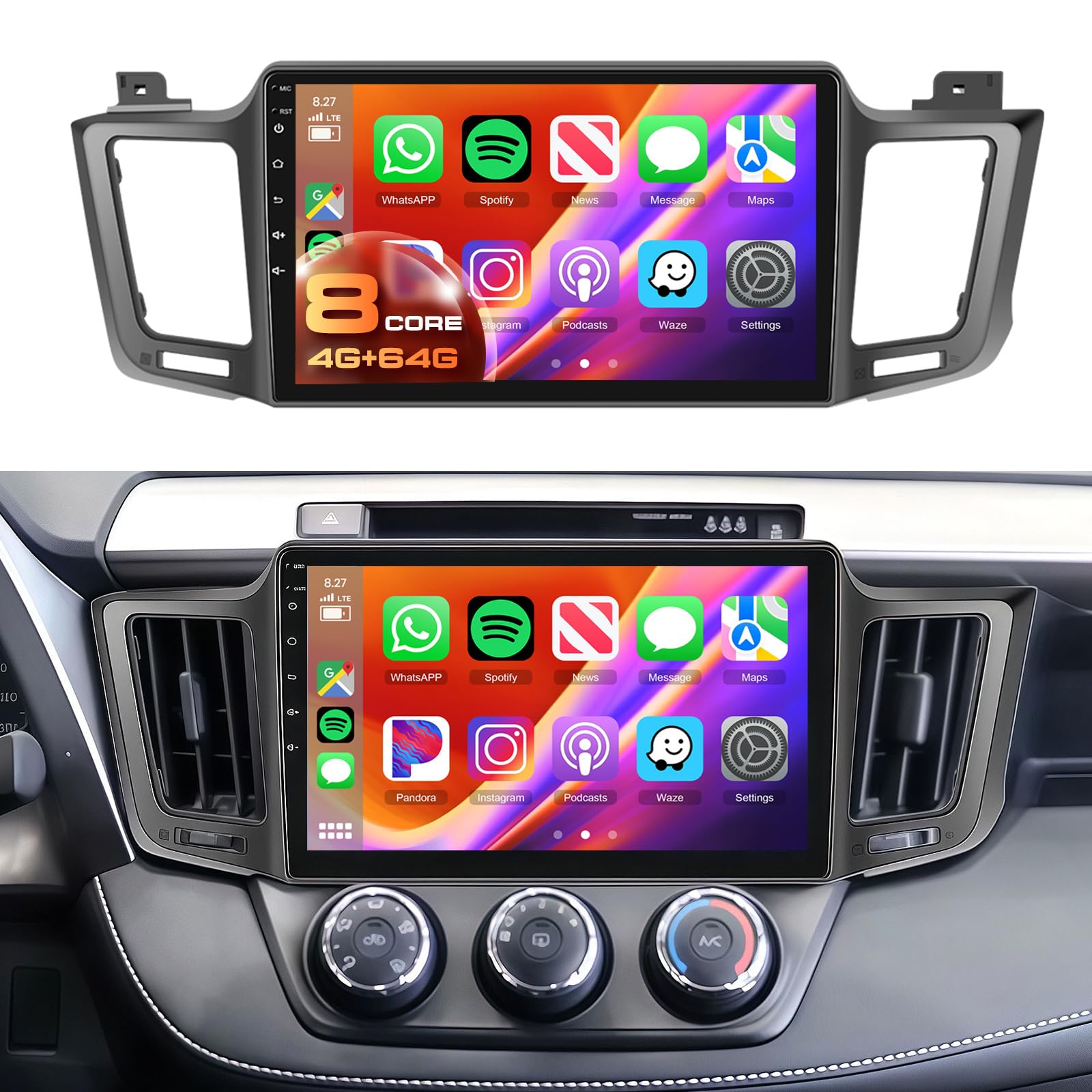 8 CORE 4G+64G Car Radio Stereo for Toyota RAV4 2013-2019 with Wireless CarPlay/Android Auto, 10.1 Inch 1280 * 720P IPS Touch Screen Android 13 GPS