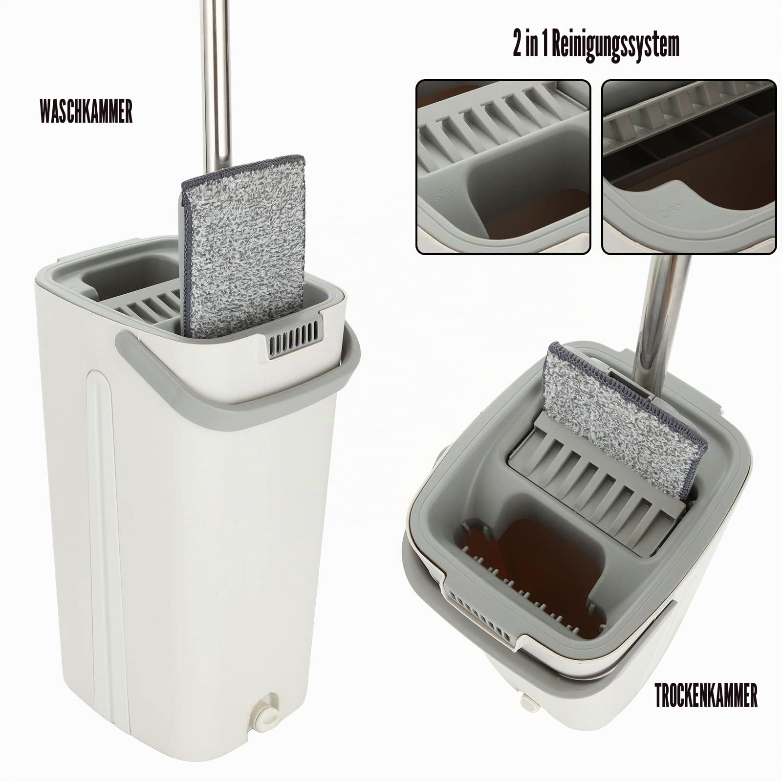 ASelected Wischmopp Set mit Eimer, Bodenwischer Set, Putzeimer mit Wischmop mit 10 Wiederverwendbaren Mikrofaser-Mopp-Pads und 123 cm Langem Griff für Fliesen, Marmor, Hartholz