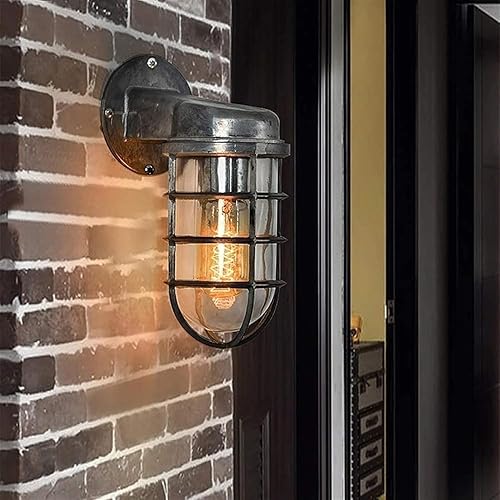 Miniatura 3 de MSLRYGM Creative Wrought Iron Glass Wall Lamp Retro Metal Cage Industrial Style Nautical for Bar Bedroom (Silver)
