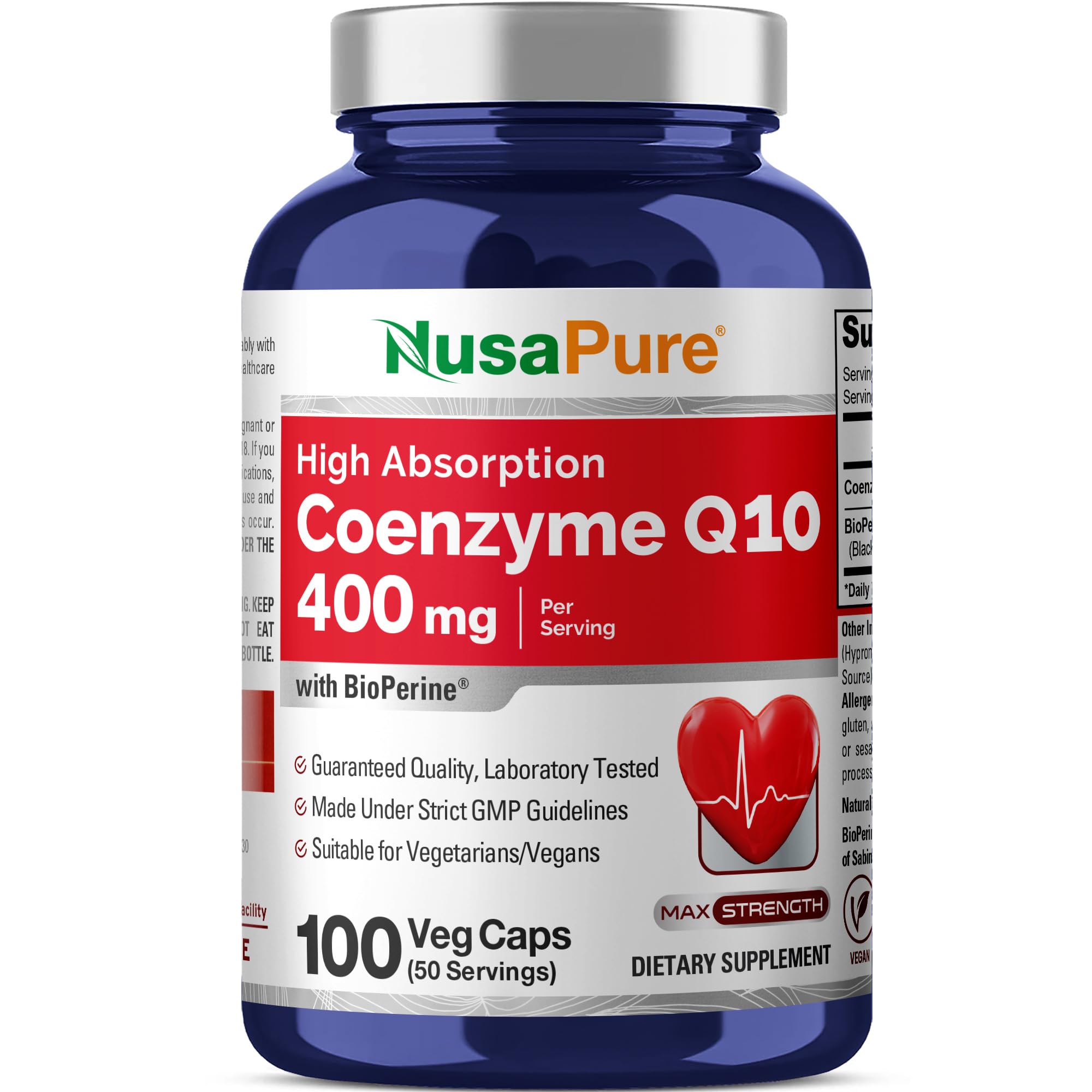 NusaPure CoQ10 400mg, Non-GMO, Vegan, 100 Veggie Capsules - 50 Servings 100 Count (Pack of 1)