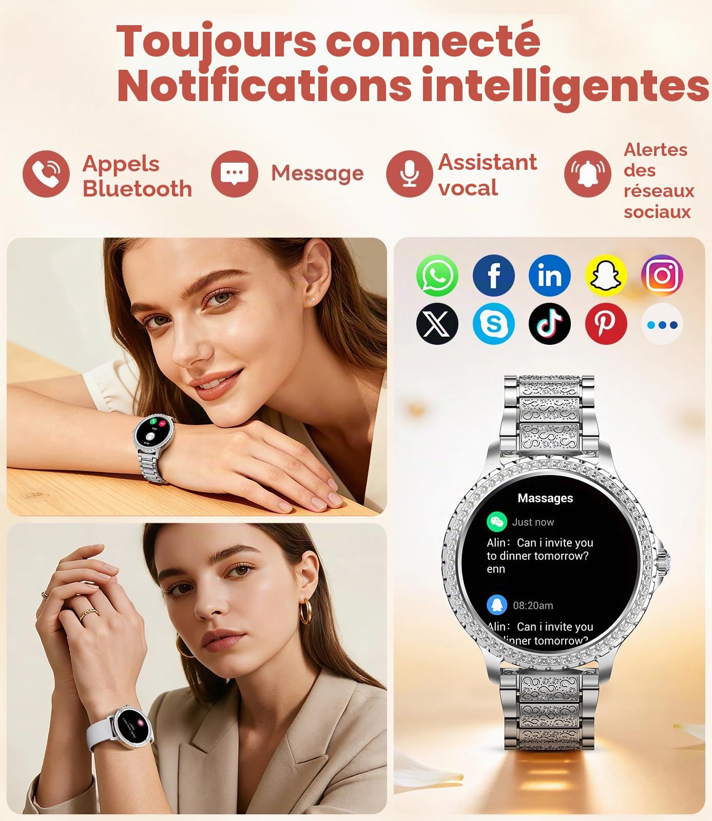 Montre Connectée Femme avec Diamant, 1,32" Écran Smartwatch, Appel Bluetooth/Suivi de la Fréquence Cardiaque et Sommeil, 500+ Cadrans, IP68, 110+ Modes Sportifs, Compatible Android iOS, Argenté