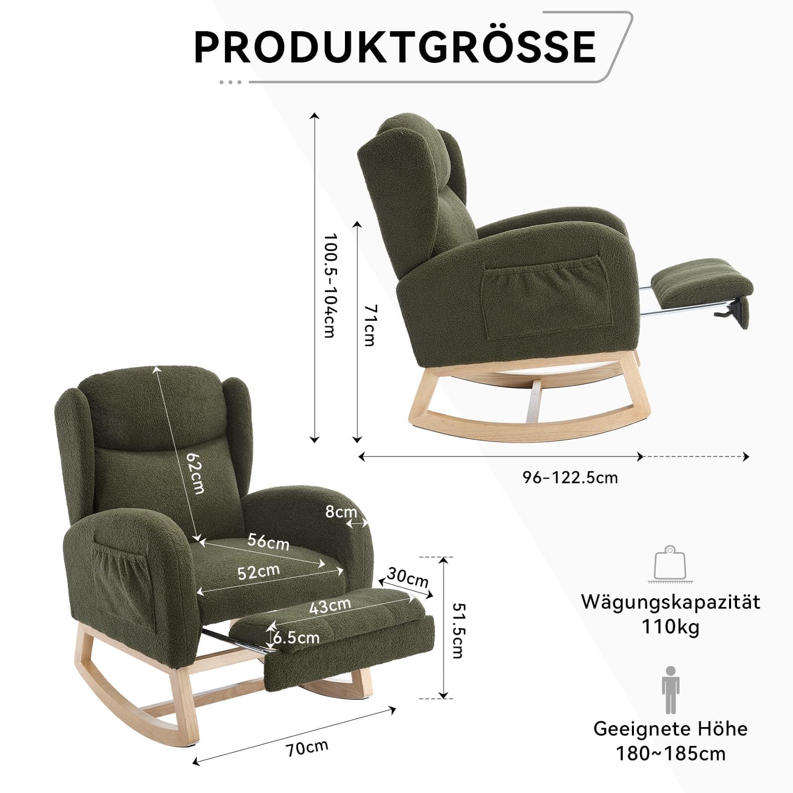 KOMHTOM Fauteuil à Bascule avec Repose-Pieds Escamotable, Rocking Chair avec Structure en Bois, Fauteuil Lounge, Poche de Rangement Latérale (Vert)