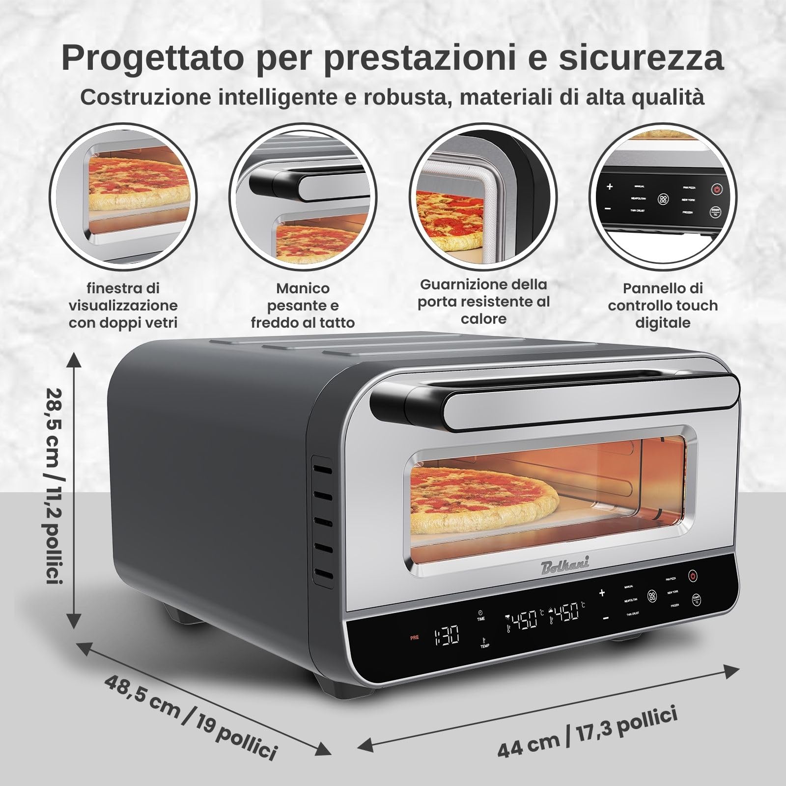 Forno elettrico per pizza – 450 °C con pietra e pala per pizza – 1700 W, timer, luce interna, finestra – Pizza croccante in 2 minuti – Macchina per pizza professionale da casa - BOLKANI (grigio)