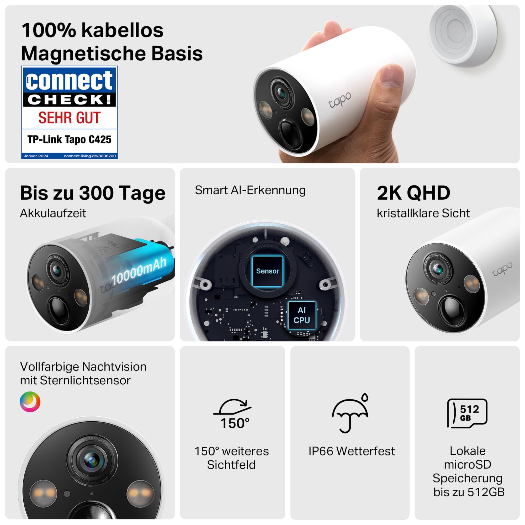 Tapo C425 Außenkamera Akku, Überwachungskamera aussen mit Magnetische Basis, 2K Auflösung, WLAN, 10000-mAh-Akku, 142° FOV, Kein Hub erforderlich, Unterstützt Solarpanel