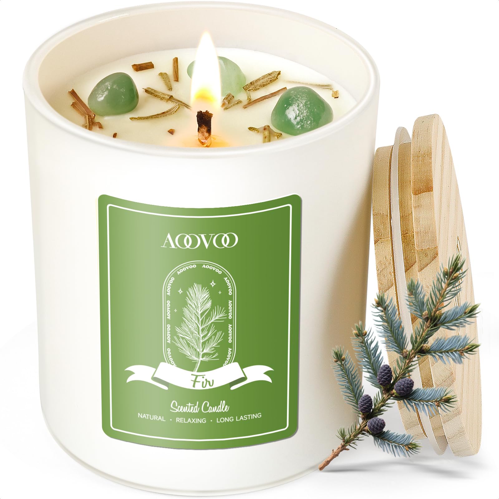 AOOVOO Fir Scented Candles for Women - Aromatherapy Candle with Crystals Inside, 10oz Soy Candles for Home Scented, Birthday Gifts Christmas Day Candle for Women Mom