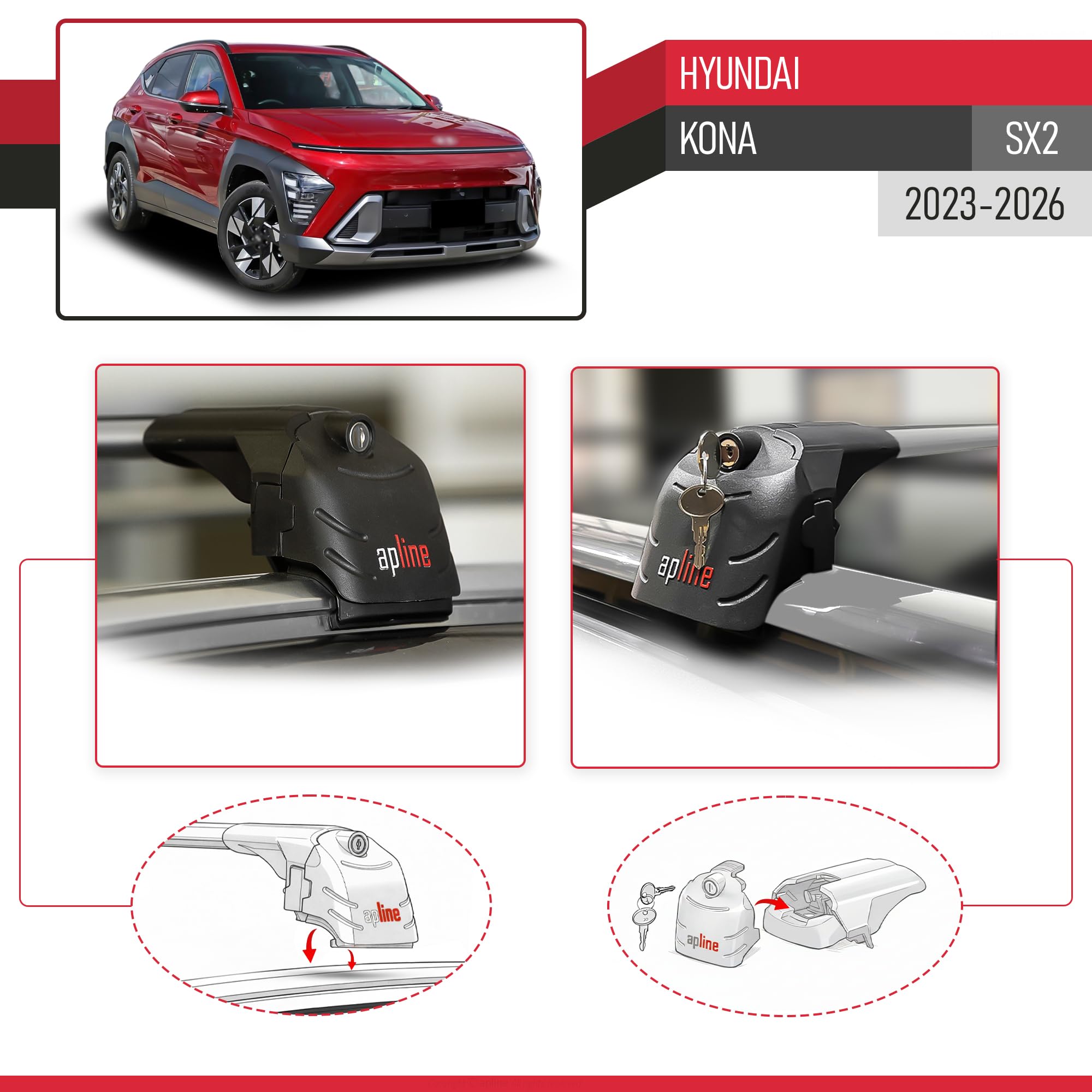 Compatibile con Hyundai Kona (SX2) 2023-2026 Modello ACE-2 Barre Tetto Portapacchi Auto Barre Portatutto Grigio Alluminio 2 Barre