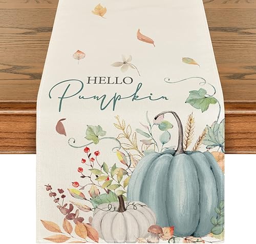 Artoid Mode Aqua Hello - Camino de mesa de otoño con hojas de calabaza, decoración de mesa de comedor de cocina de otoño de temporada para