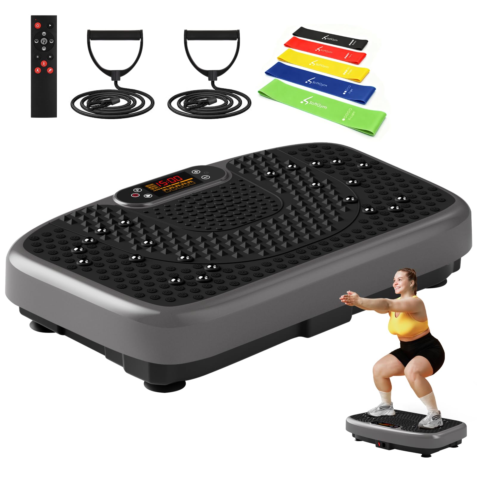 SoftGym Vibration Plate Exercise Machine for Lymphatic Drainage Weight Loss,120 Speed Levels Vibrating Platform with Resistance Bands,Full-Body Workout Equipment for Muscle Activation