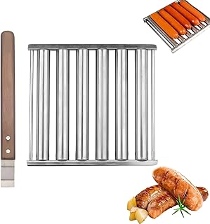 Hot Dog Roller, Stainless Steel Sausage Roller Rack 5 Hot Dog Capacity Sausage Roller Grill Wooden Handle Hot Dog Rack Warmer Grill Cooker Machine BBQ Hot Dog Griller for Evenly Cooked Hot Dog