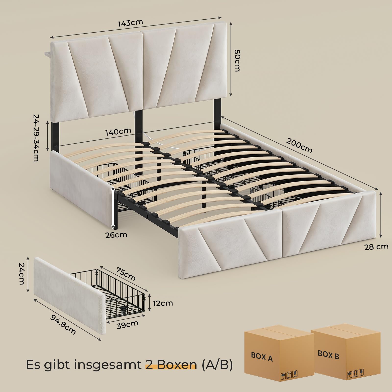 KIMENICH Bett 140x200, Samt Bett mit 4 Schubladen, Doppelbettgestell mit Steckdose & LED-Lichtband, 3-stufig höhenverstellbares Kopfteil, Schlafzimmer Stauraumbett, Beige Samt