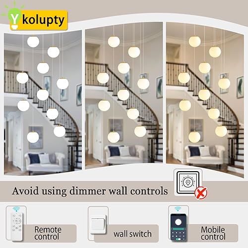 Miniatura 249 de Escalera LED de 10 luces LED moderna con globo de cristal, lámpara colgante grande para techos altos, accesorios de iluminación de entrada, villas y