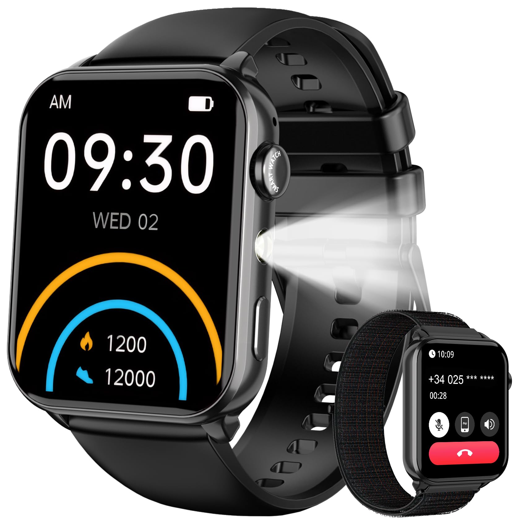 Smartwatch Uomo Donna, Orologio Smartwatch con Effettua/Risposta Chiamate, LED Torcia, Orologio Intelligente con DIY Quadranti, Contapassi, Sonno, Smart Watch per Android iOS(2 Cinturini)