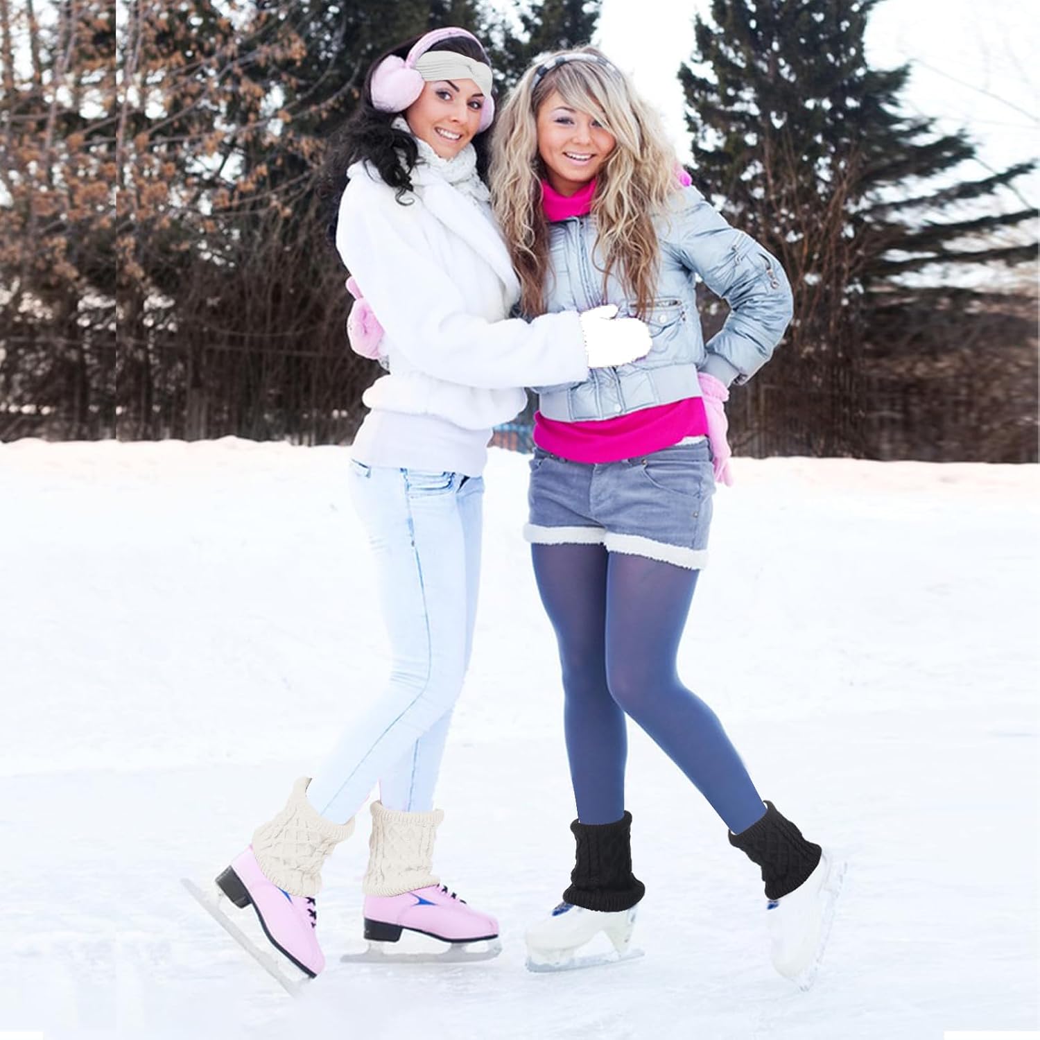 2 Sets Figure Skating Leg Warmers Gloves Headband Set Zipper Fleece Lined Leg Warmers Socks for Ice Skating - Image 5