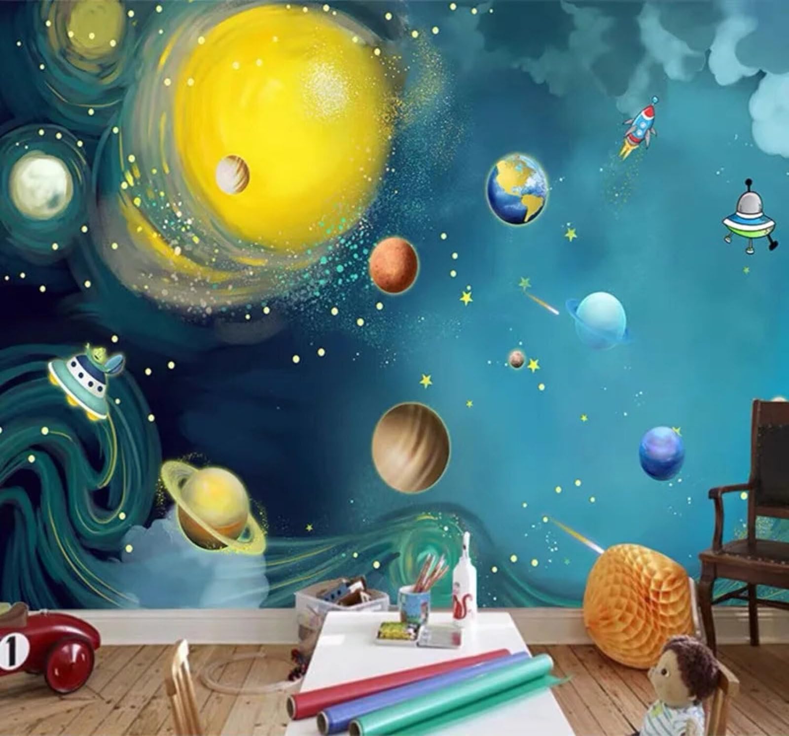 Tzxztt Cartoon Space Milky Way Planets Planets Modern 3D Wallpaper Premium Textured Silk Neutral Tones Material Ideal for Living Room Bedroom-400cm×280cm