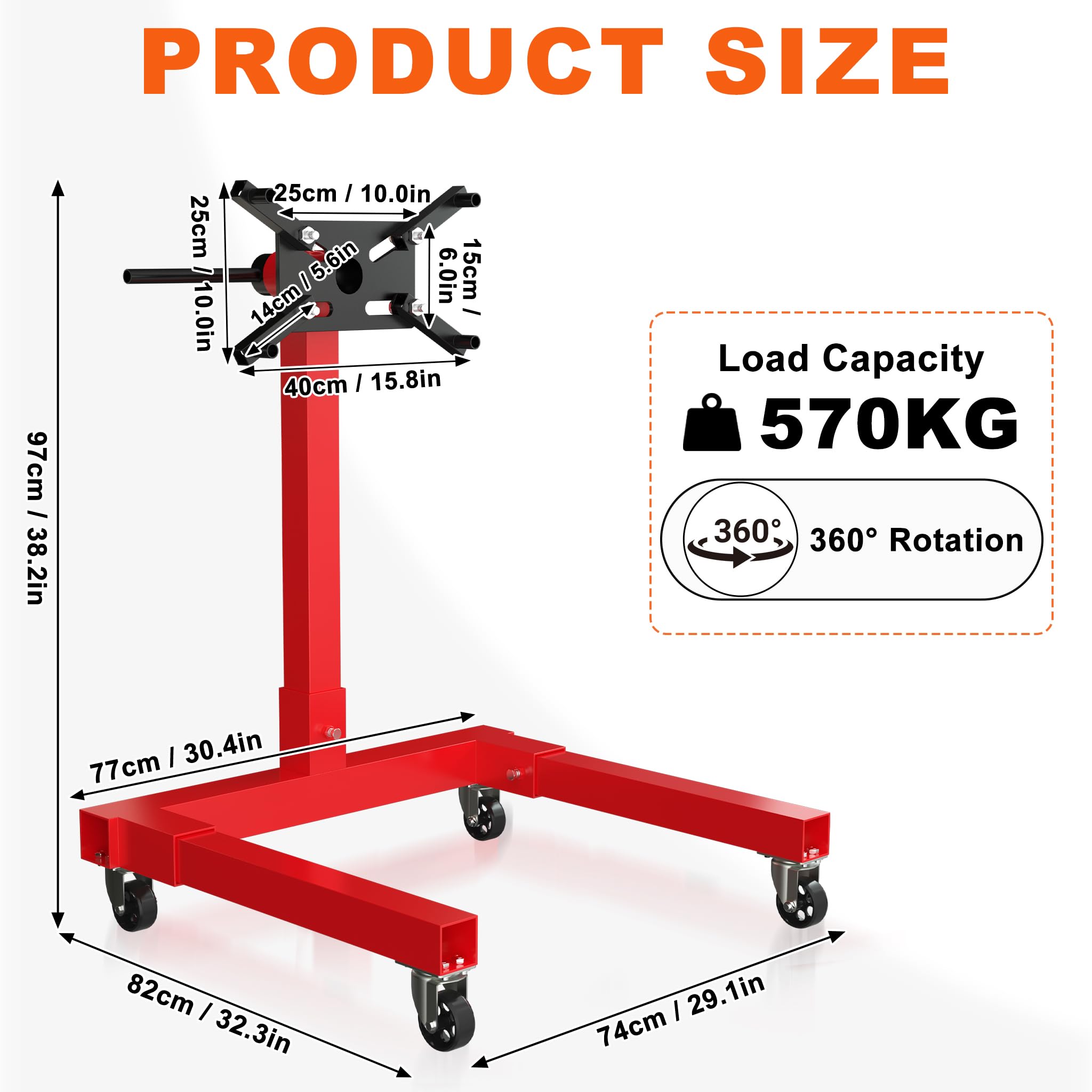 UISEBRT Soporte de motor para coche de hasta 570 kg, elevador de motor con cabeza giratoria de 360 ° y 4 brazos ajustables, soporte de motor de acero, soporte para engranajes con 4 ruedas y mango