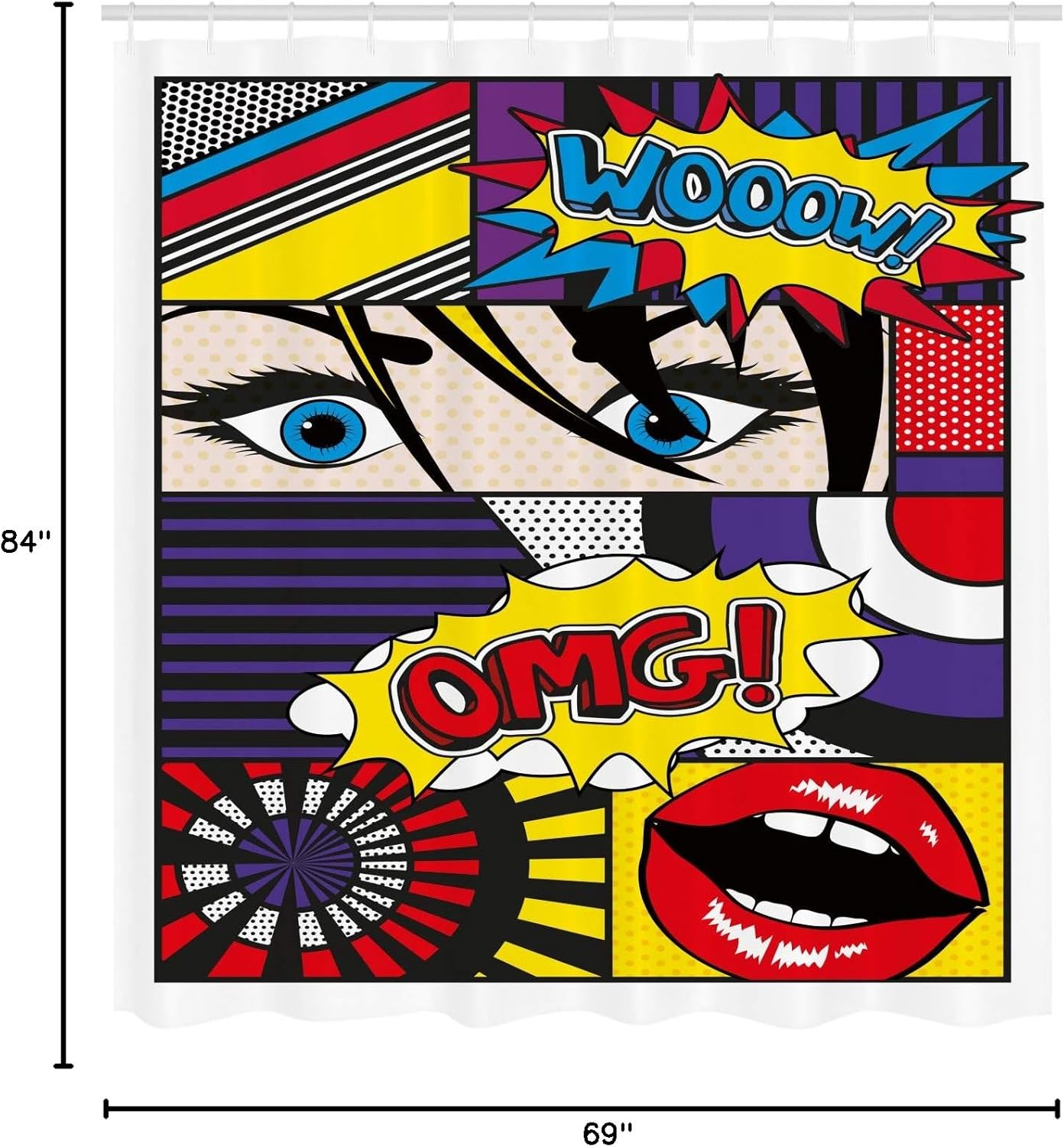 Ambesonne Art Shower Curtain, Comic Book Inspired Style Wooow Omg Eyes Reading Panels Lines Excitement Action Print, Cloth Fabric Bathroom Decor Set with Hooks, 69" W x 84" L, Mustard Quartz Vermilion