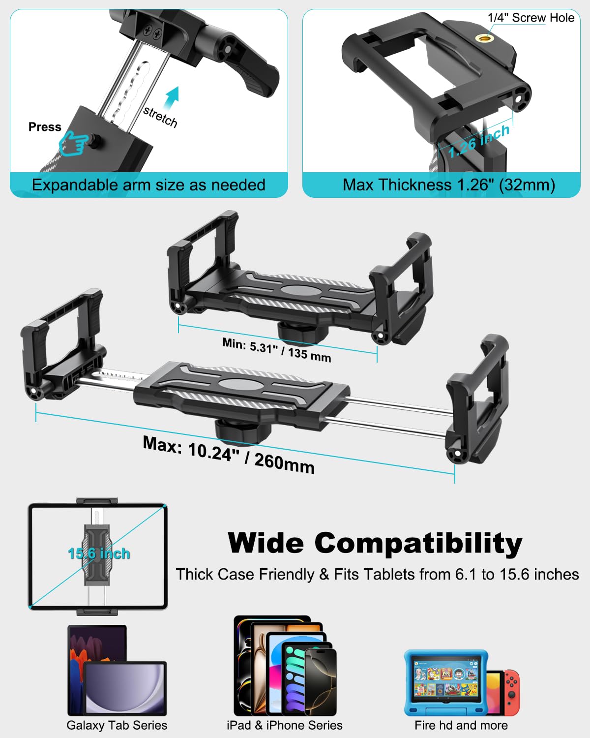 Supporto Tablet per Cucina, Braccio in Metallo Supporto Regolabile a 360 Gradi, per iPad Pro 13 Air Mini, Galaxy Tab, Fire, iPhone, 6,1 a 15,6", Supporto Tablet per Tavolo/Mensola/Scrivania