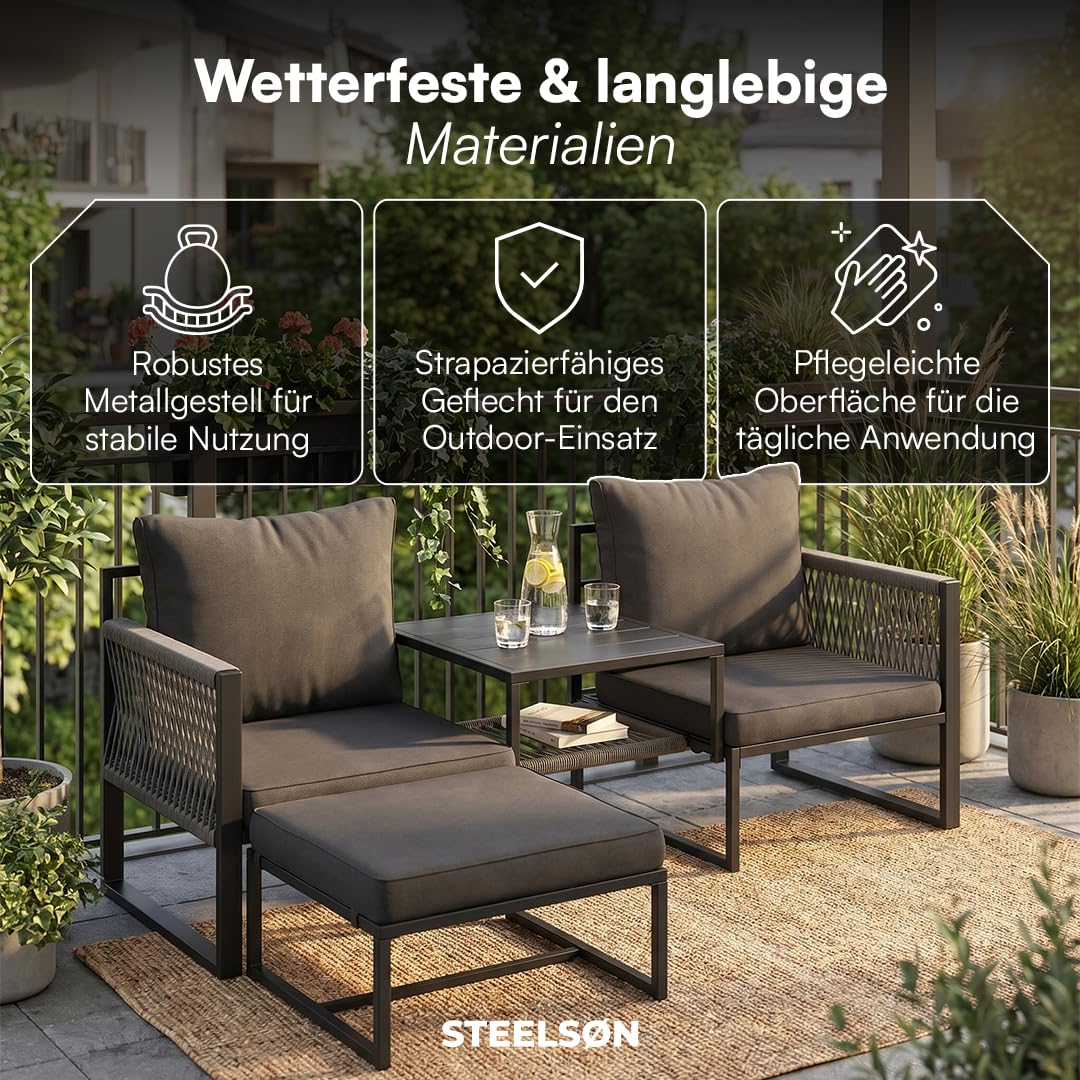 STEELSØN Tyranis Gartenmöbel Set Outdoor 4-TLG inkl. Tisch mit Ablage & Hocker – multifunktionales Balkonmöbel Set mit 6 Kissen – Sitzgarnitur Sessel für 4 Personen – dick gepolstert – Metall schwarz