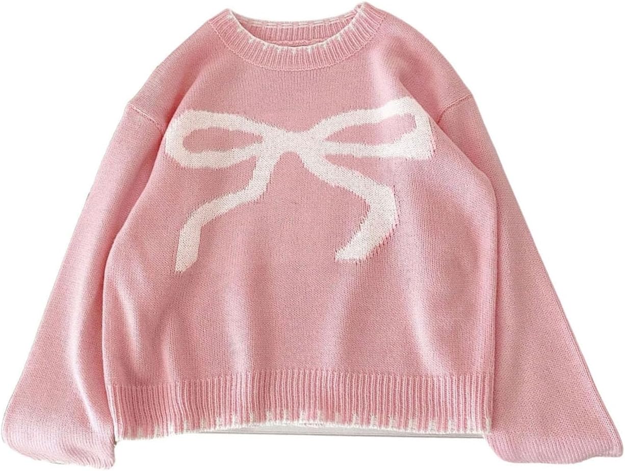 SweatyRocks Girl's Cute Bow Sweater Crew Neck Long Sleeve Drop Shoulder Pullover Knit Top