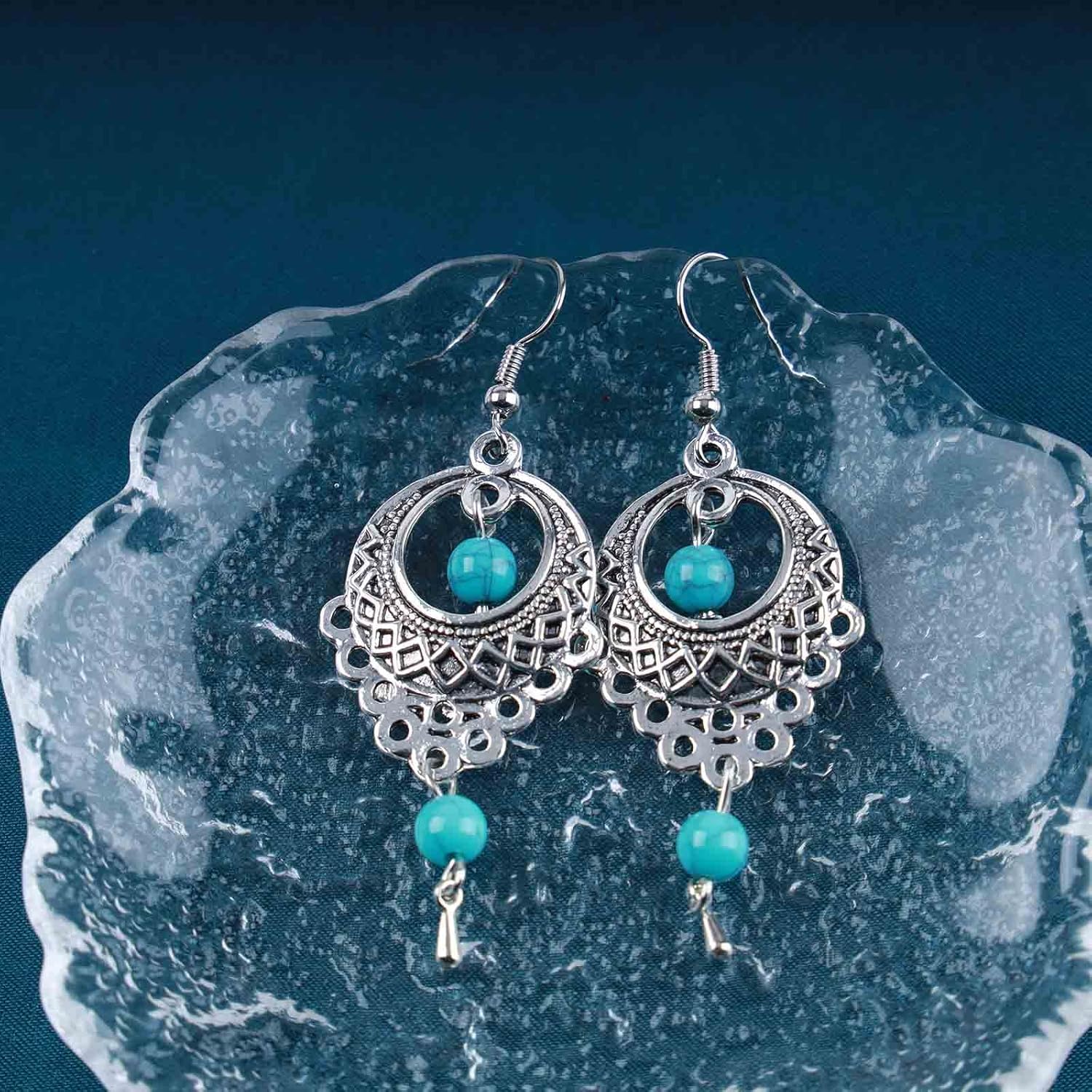 Boho Turquoise Dangle Earrings Vintage Silver Filigree Hollow Earrings Blue Turquoise Drop Earrings Tribal Filigree Earrings Jewelry for Women - Image 4