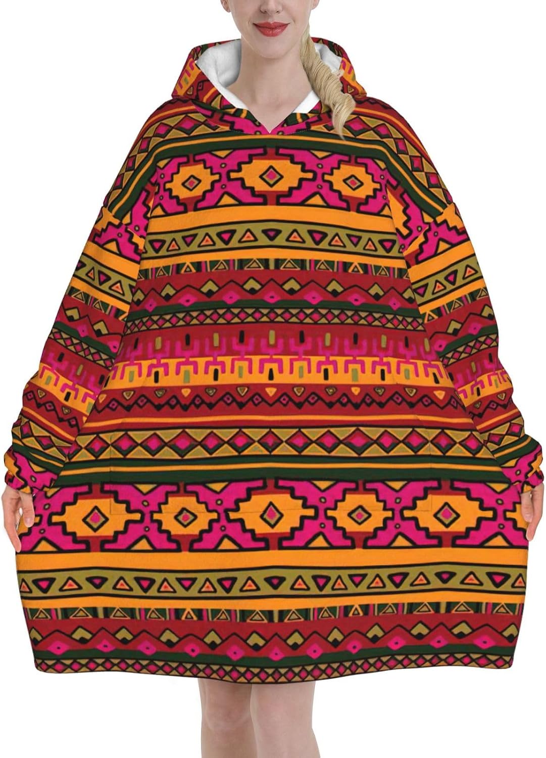 Mexican Folk Art Bohoprint Oversized Hoodie Blanket, Super Soft Warm Comfortable Hoodie, Wearable Blanket Adult