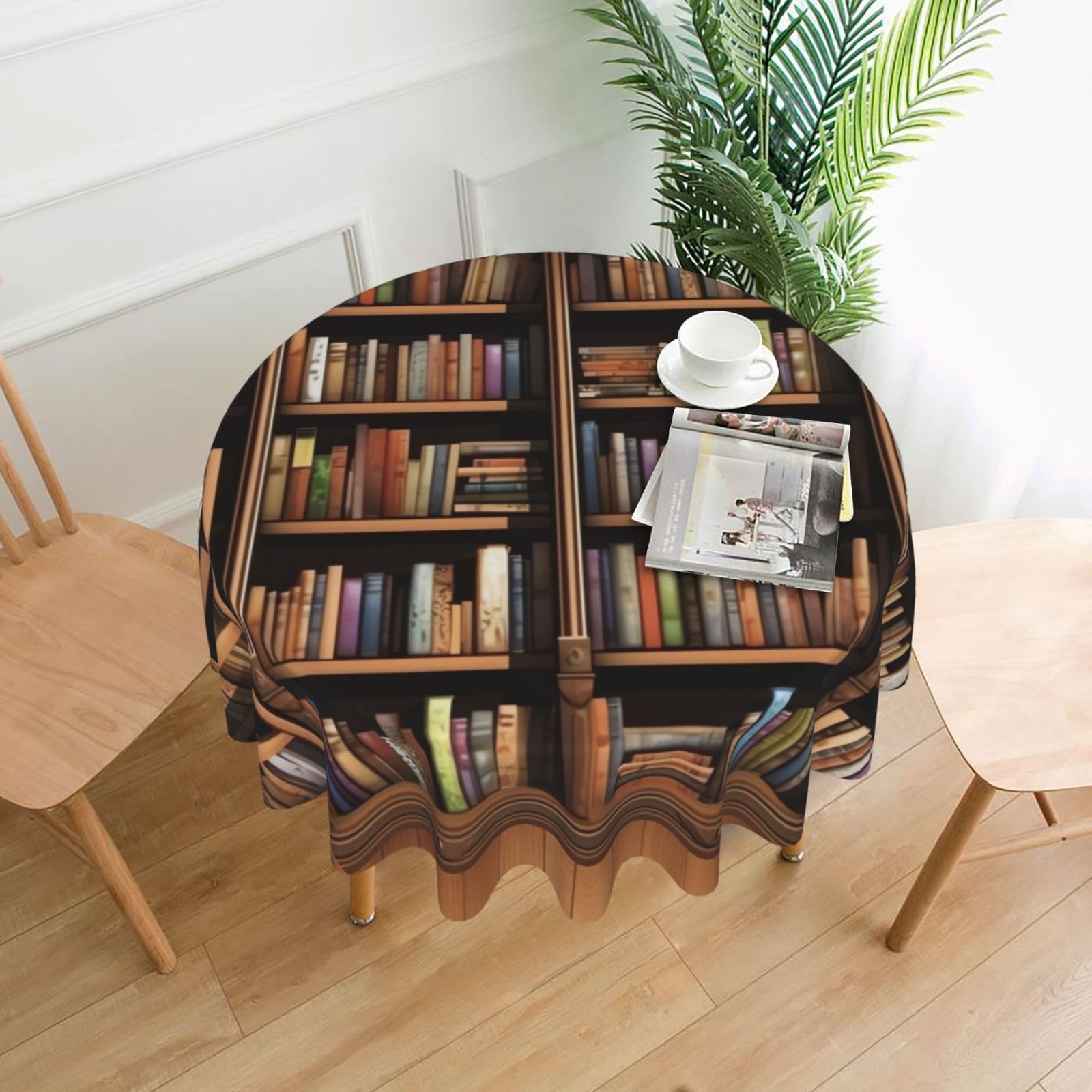 FodPand Library Bookshelf Tablecloths for Round Tables 60 Inch - Reusable Washable Dining Table Clothes - Stain and Wrinkle Resistant Decorative Fabric Table Cover for Wedding Party