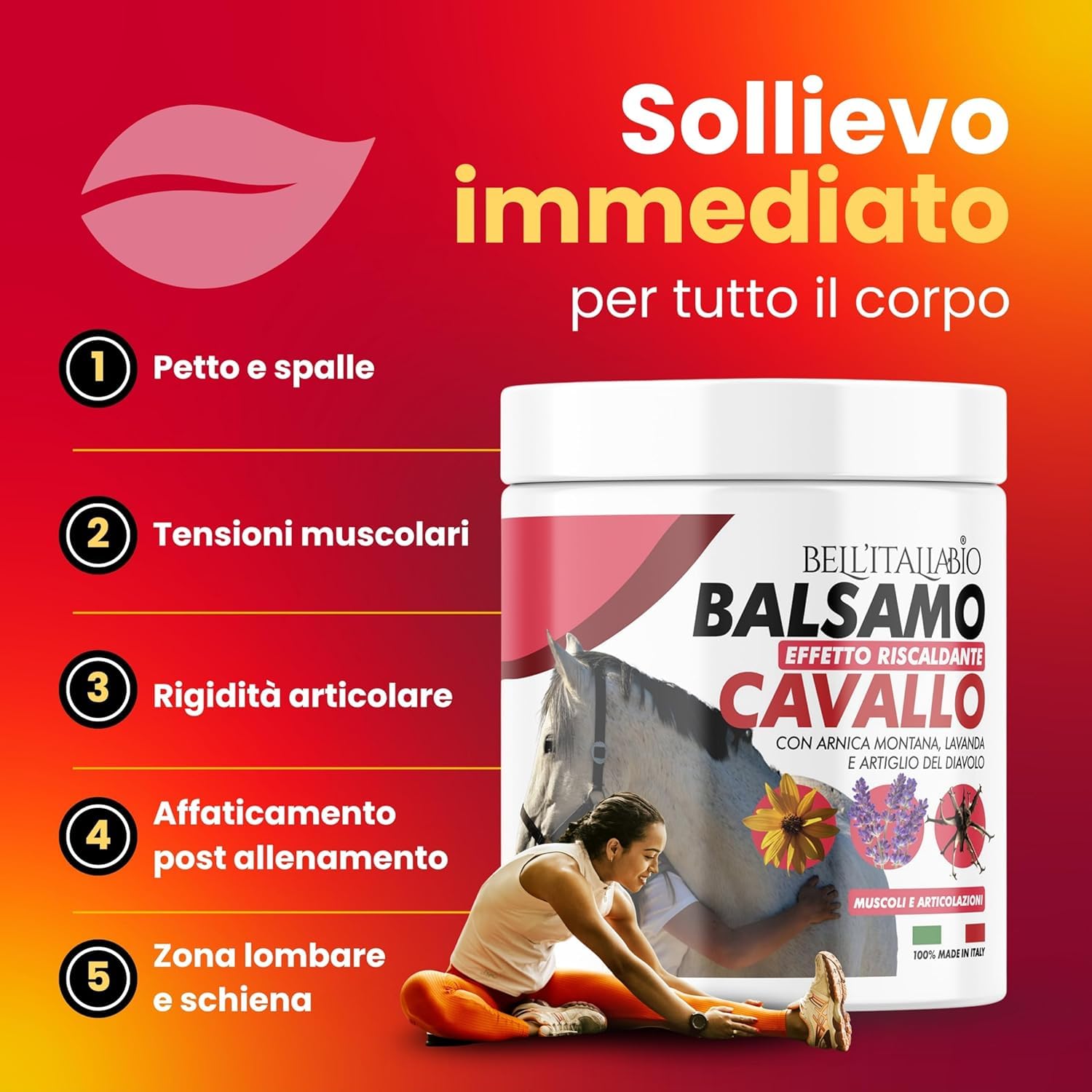 BELL'ITALIABIO Balsamo Cavallo Riscaldante 600ml - Crema Riscaldante Muscoli Sportiva con Arnica per Cavalli, Lavanda e Artiglio del Diavolo per Disturbi e Tensioni Muscolari Balsamo di Cavallo