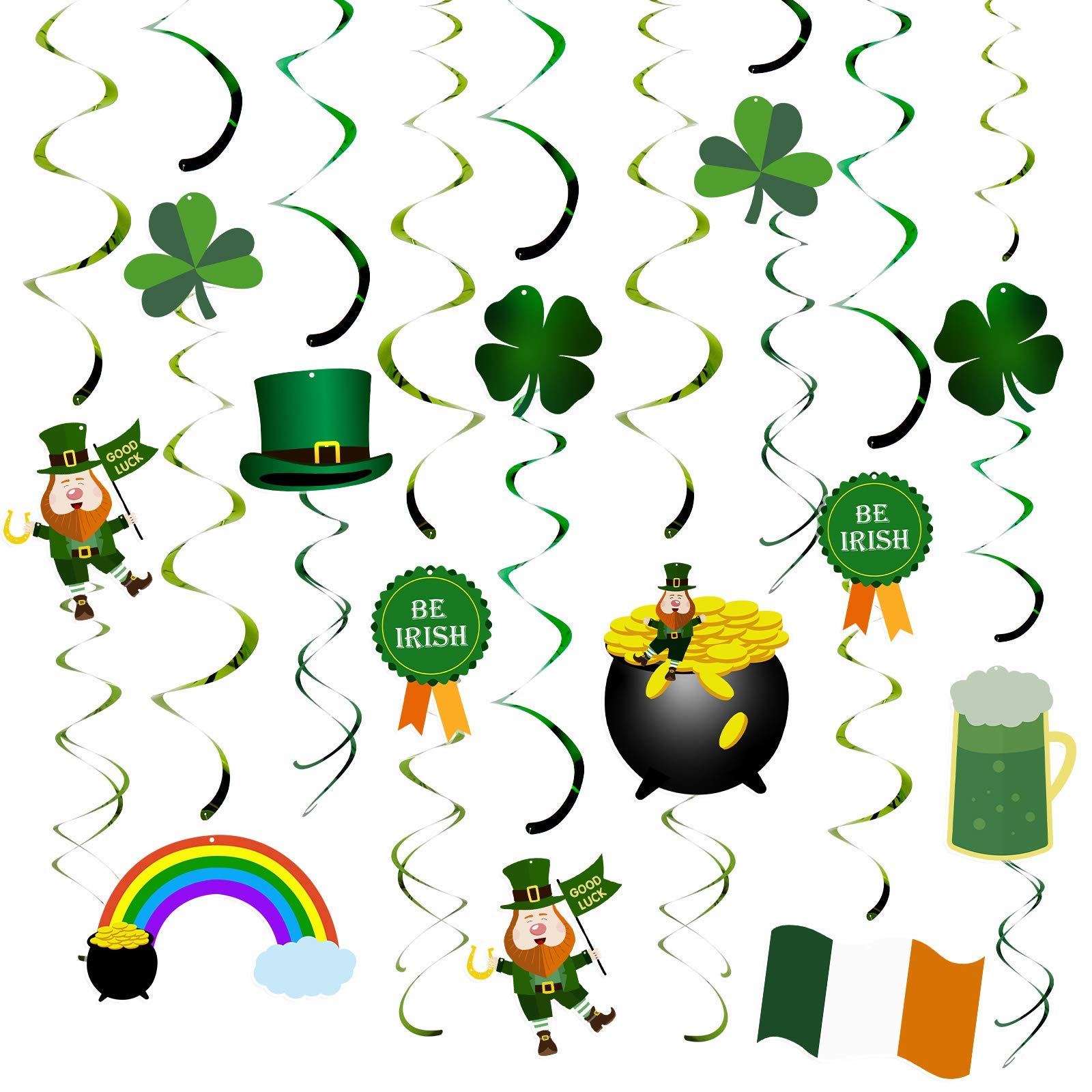 30pcs St Patrick's Day Hanging Swirls Decoration Ceiling Shamrock Foil Swirl for Party Home