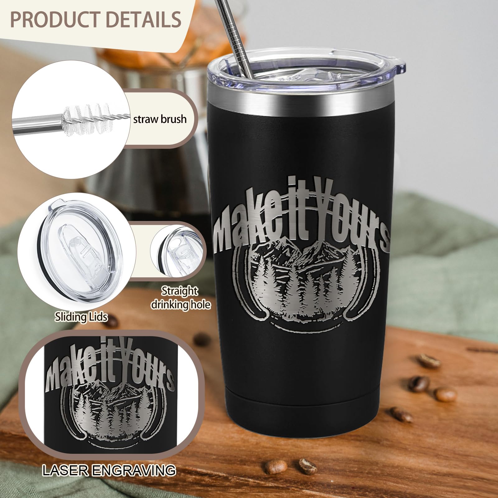 YOUKE OLA Thermobecher aus Edelstahl, vakuumiert, pulverbeschichtet, Kaffeebecher, Geschenk für Lasergravur, 590 ml, Schwarz, 16 Stück