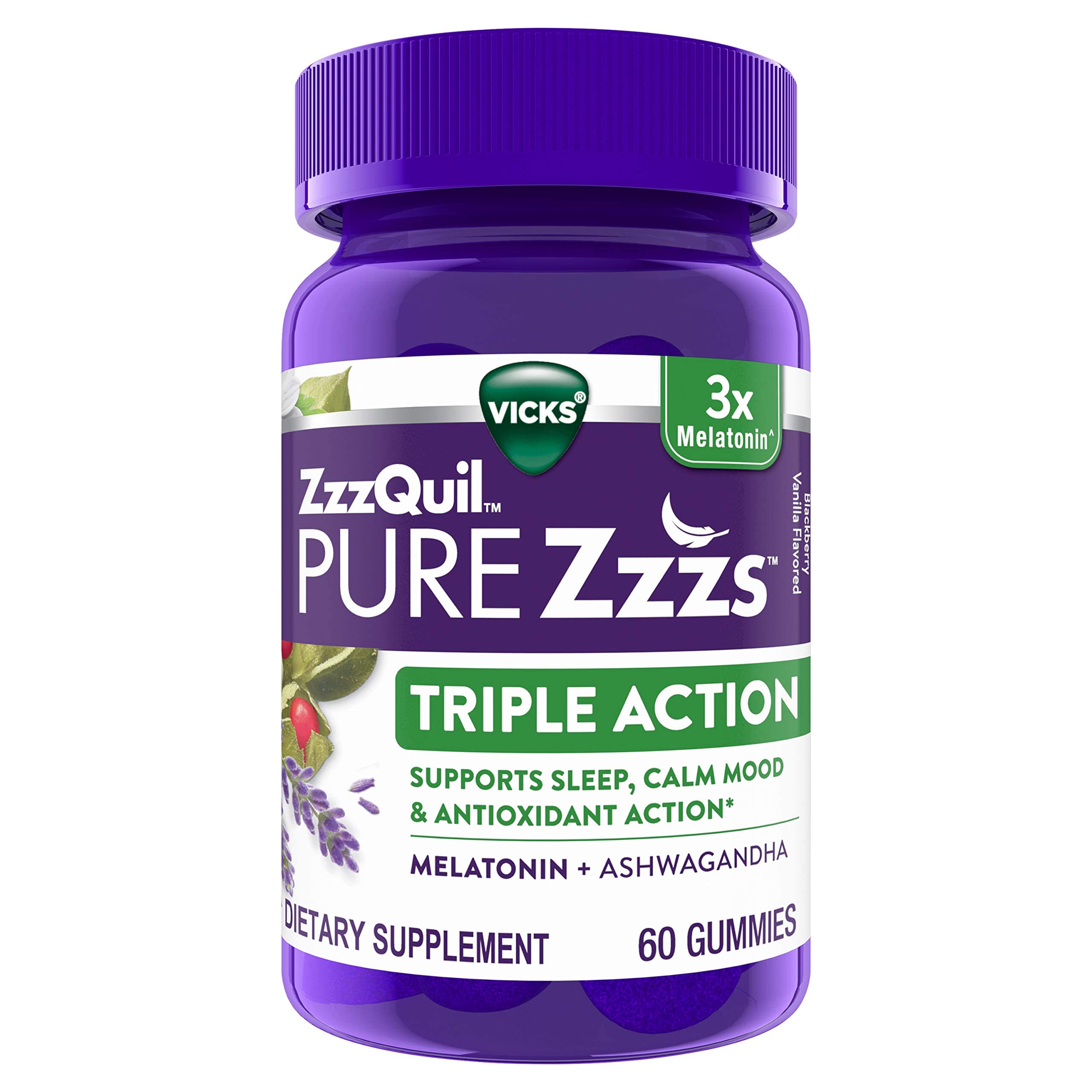 ZzzQuil PURE Zzzs Triple Action, 6mg Melatonin Gummies, 3X Melatonin Sleep Aid with Ashwagandha, Cal