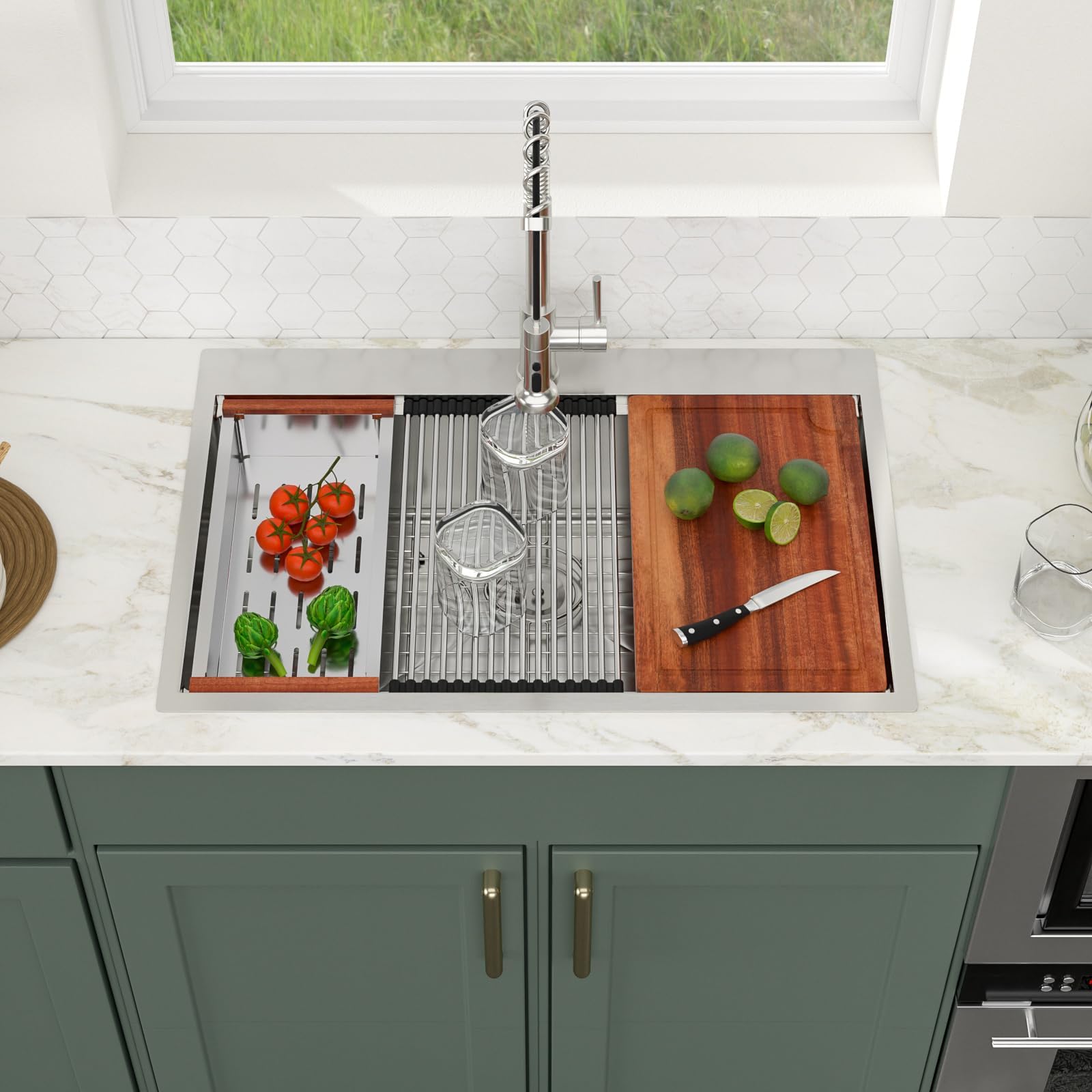 Logmey 33x19 Drop In Kitchen Sink 33 Inch Stainless Steel Workstation Sinks SUS304 16 Gauge Topmount Ledge Single Bowl Overmount Kitchen Sinks 33x19x9