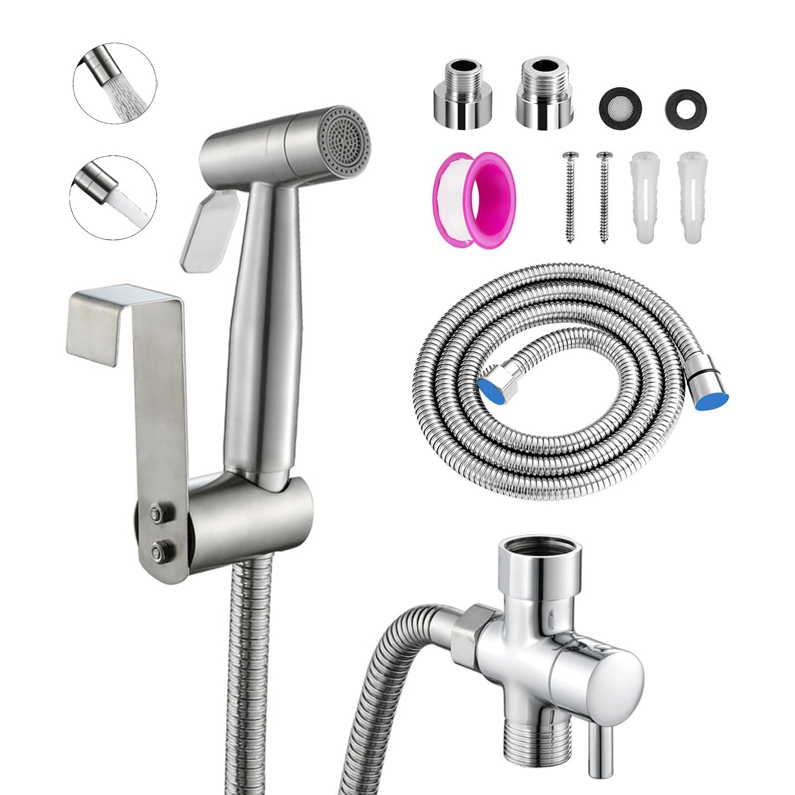 Pulverizador de bidé de mano, rociador para inodoro de bidé, chorro de dos funciones, fácil de instalar, rociador para higiene personal diaria, juego de manguera montada en la pared (plata)