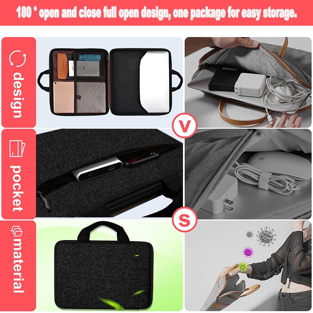HSEOK Estuche para Computadora Portátil de 13,3" 14", Maletín de Mano Compatible con MacBook Pro de 14", MacBook Air/Pro 13,3" y Portátiles de 13" a 14",Negro
