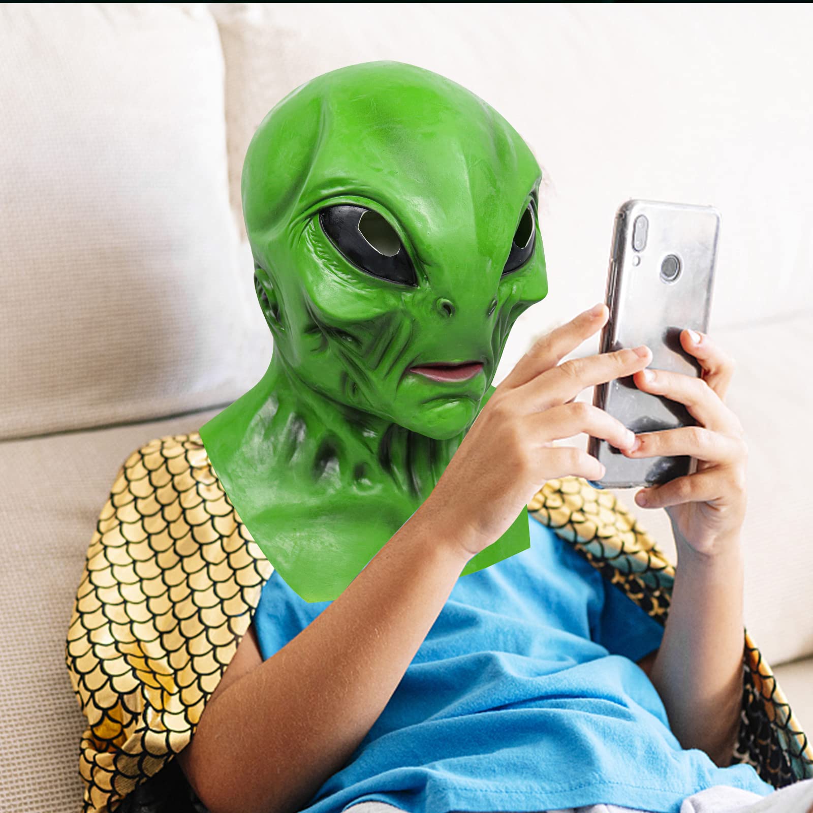 Makoike Alien Mask Halloween Realistic Green Alien Full Head Masks Carnival Halloween Costume Cosplay Latex Props Adults (Green) - Image 4