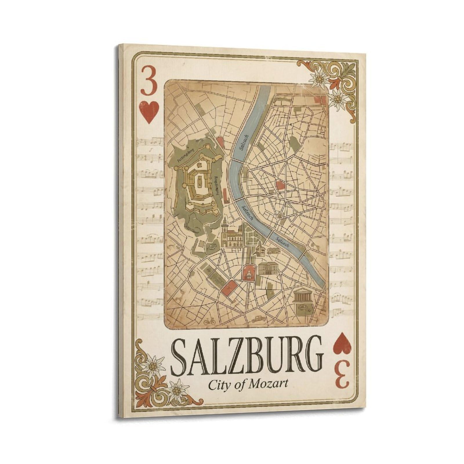 OKNGB Vintage City Map Poster Salzburg Mozart City Austria Playing Card Style Decorative Painting Canvas Art Picture 08x12inch(20x30cm)