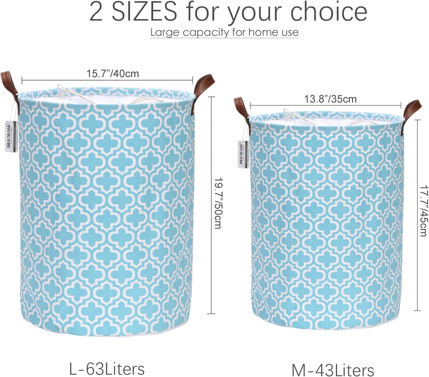 Sea Team Laundry Hamper Canvas Fabric Laundry Basket Collapsible Storage Bin with PU Leather Handles and Drawstring Closure (19.7"/Large, Quatrefoil/Aqua)