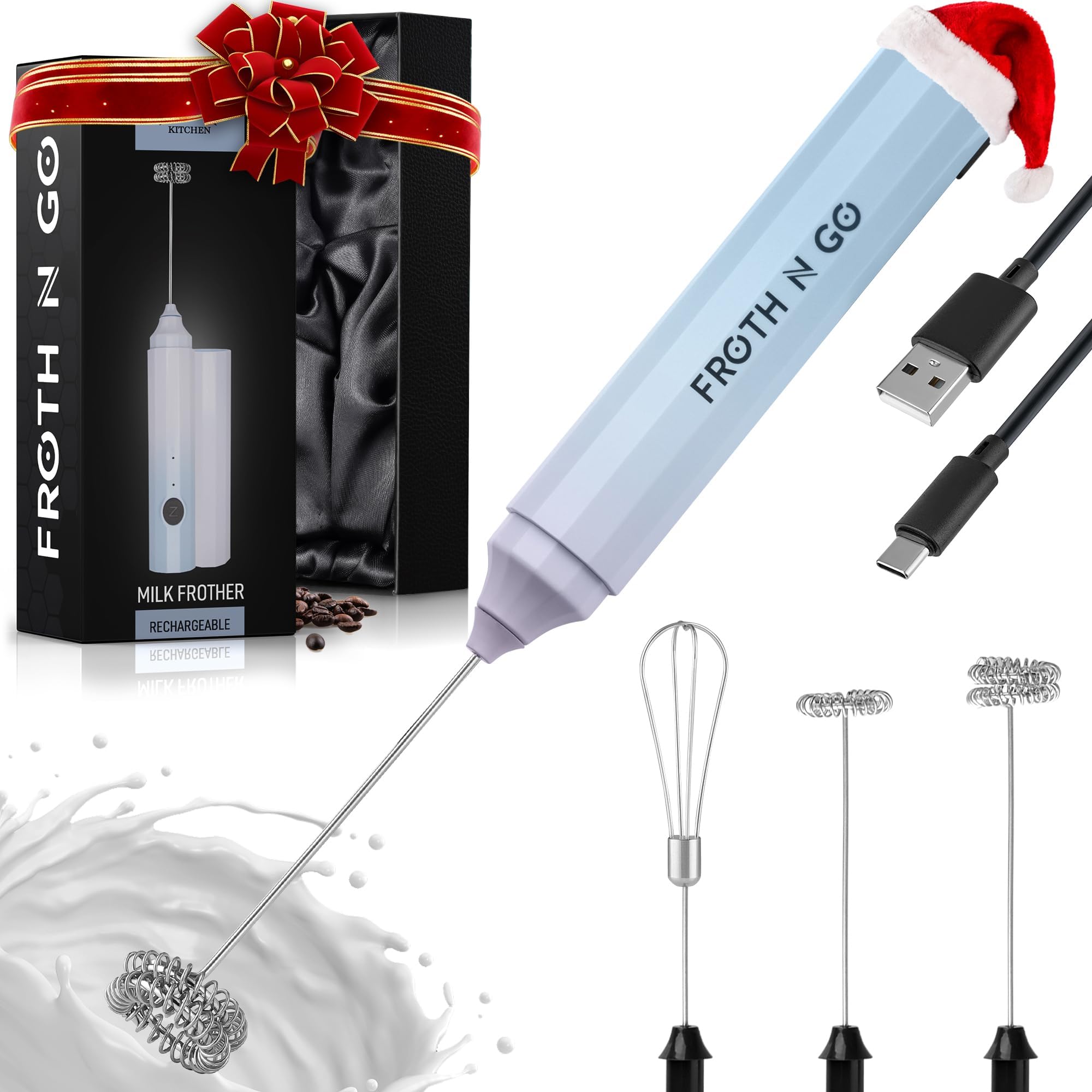 Zulay Froth N Go Milk Frother – Rechargeable 3-in-1 Handheld Frother Wand with Travel Case & USB-C Charger – Single, Double & Egg Whisk for Latte, Cappuccino, Matcha, Protein Shakes – Cloud