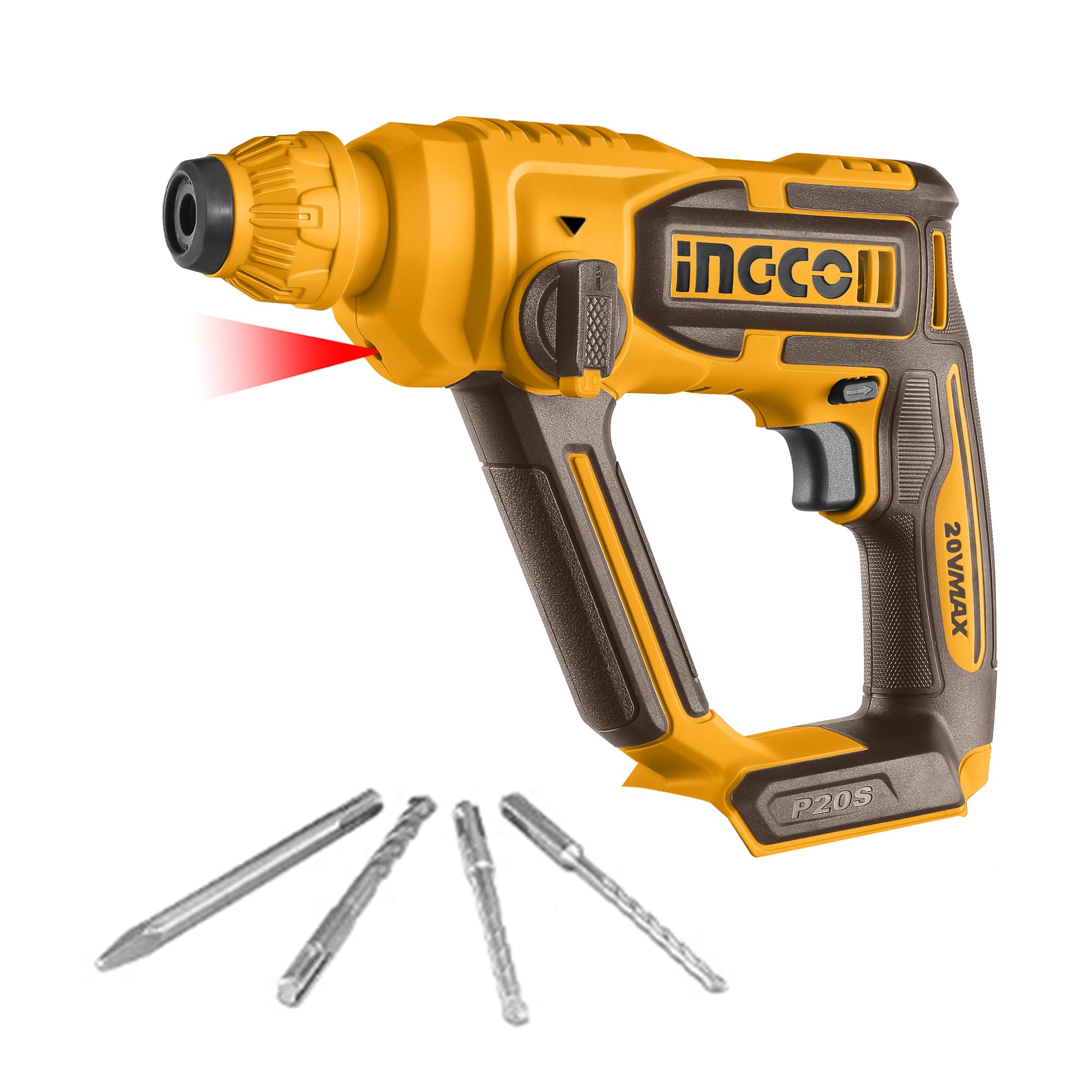 Ingco 20V Lithium-Ion Rotary Hammer Drill (Body Only) With Sds Plus Chuck System, 3Pcs Drills Crhli20168