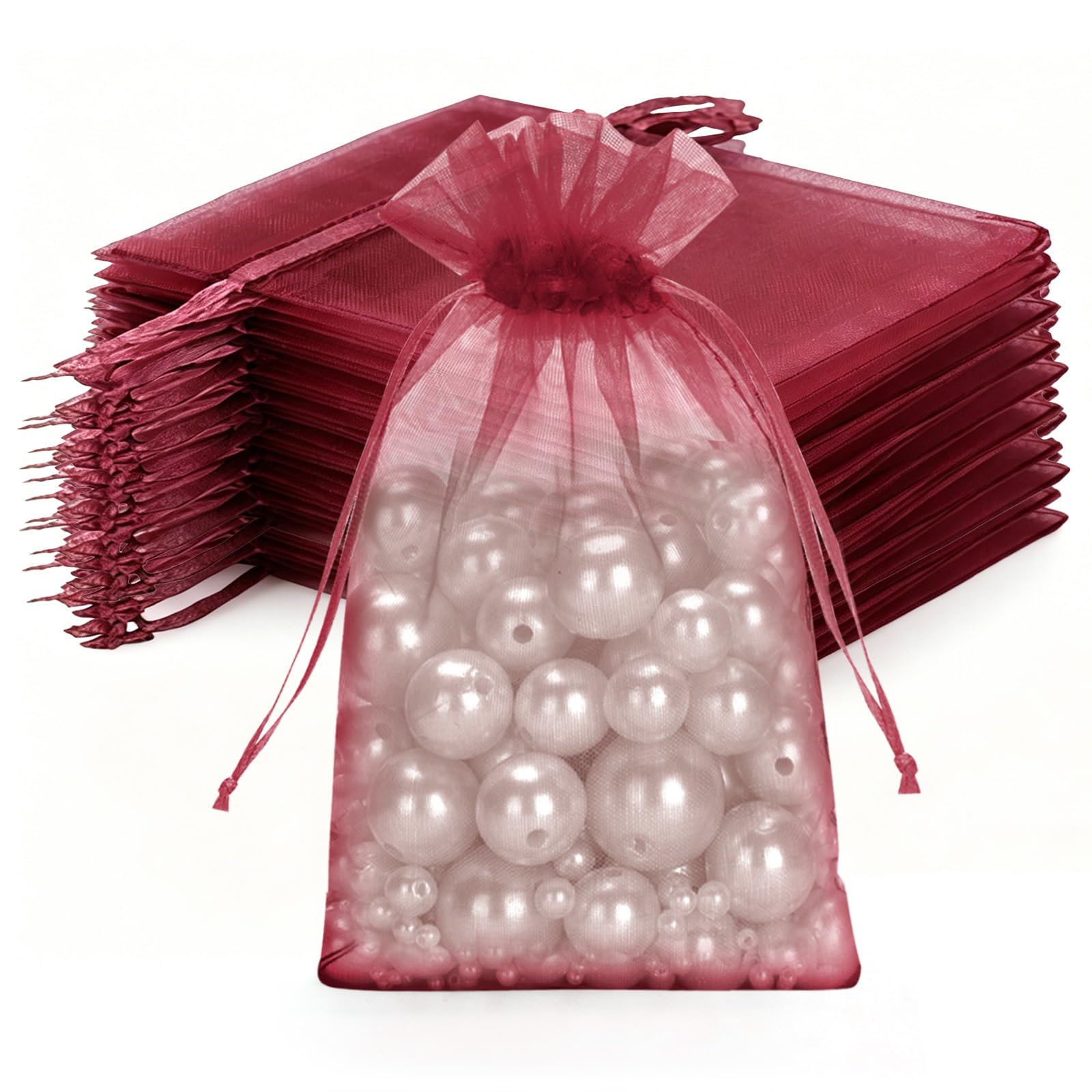joycraft 50Pcs Burgundy Organza Bags - 4x6 In Holiday Drawstring Mesh Pouch, Sheer Party Favor Bags for DIY Craft, Christmas Gift, Jewelry Packaging, Wedding Favor