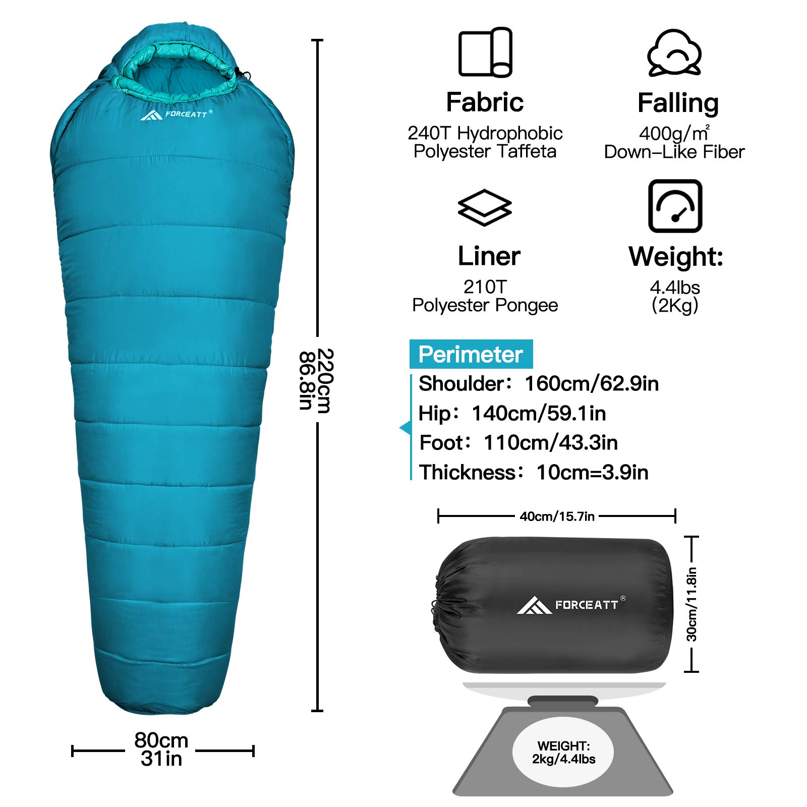 Forceatt Sacco a Pelo Mummia con Cappuccio,La Temperatura Applicabile è 0℃-20℃,3-4 Stagioni,Sacco a Pelo Compatto del Peso di 1.62-2Kg,Impermeabile e Antistrappo,Ldeale per Campeggio ed Escursioni