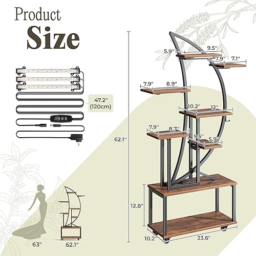 Miniatura 8 de PRAISUN Soporte para plantas de interior de 62 pulgadas con luces de crecimiento, juego de 2, estante para plantas de 8 niveles con soporte para