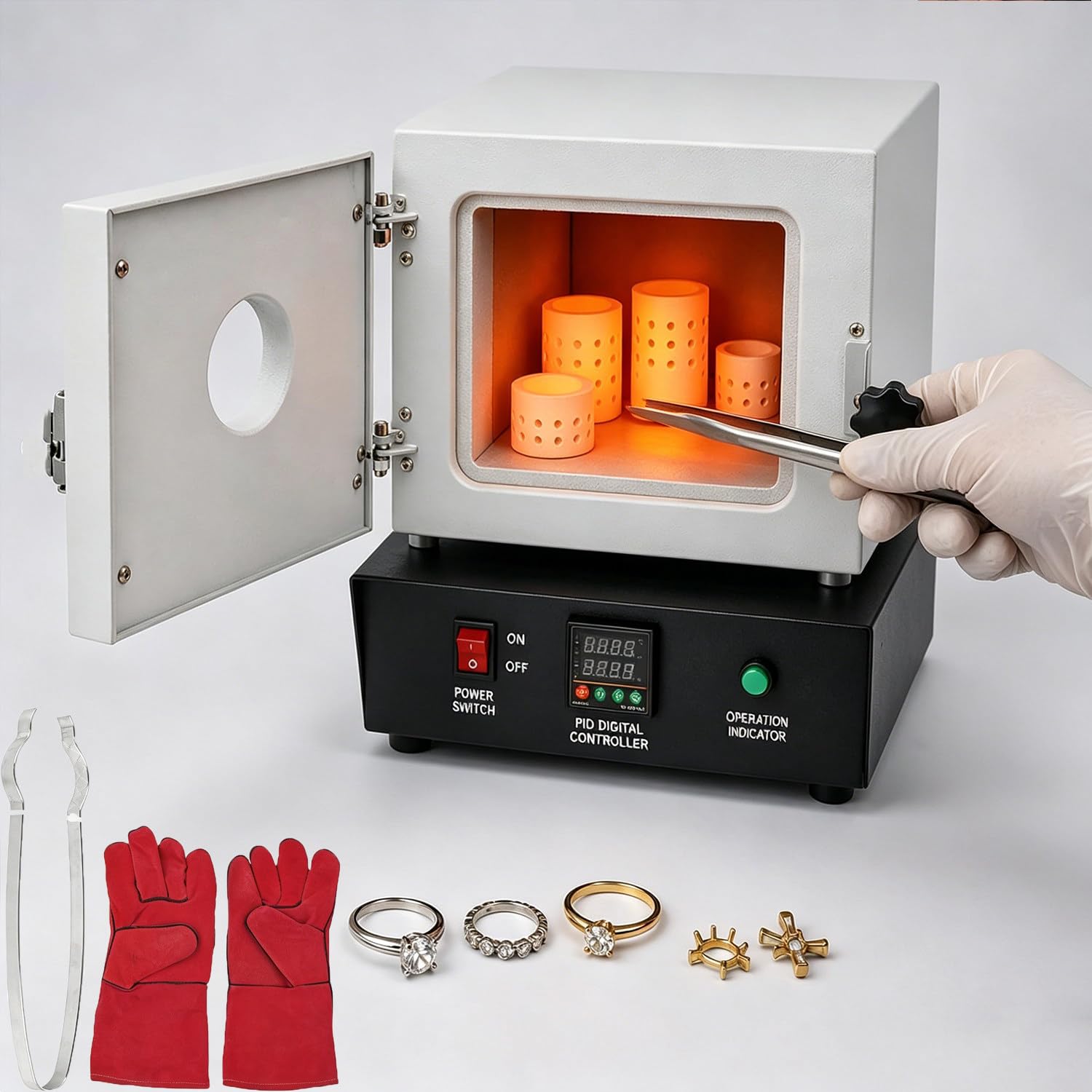 LXMydriasis Electric Kiln Furnace, 1500W 1150℃ muffle furnace with PID & observation window, for heat treatment & lab industrial heating. Tabletop, ceramic fiber, gloves & tongs for safety