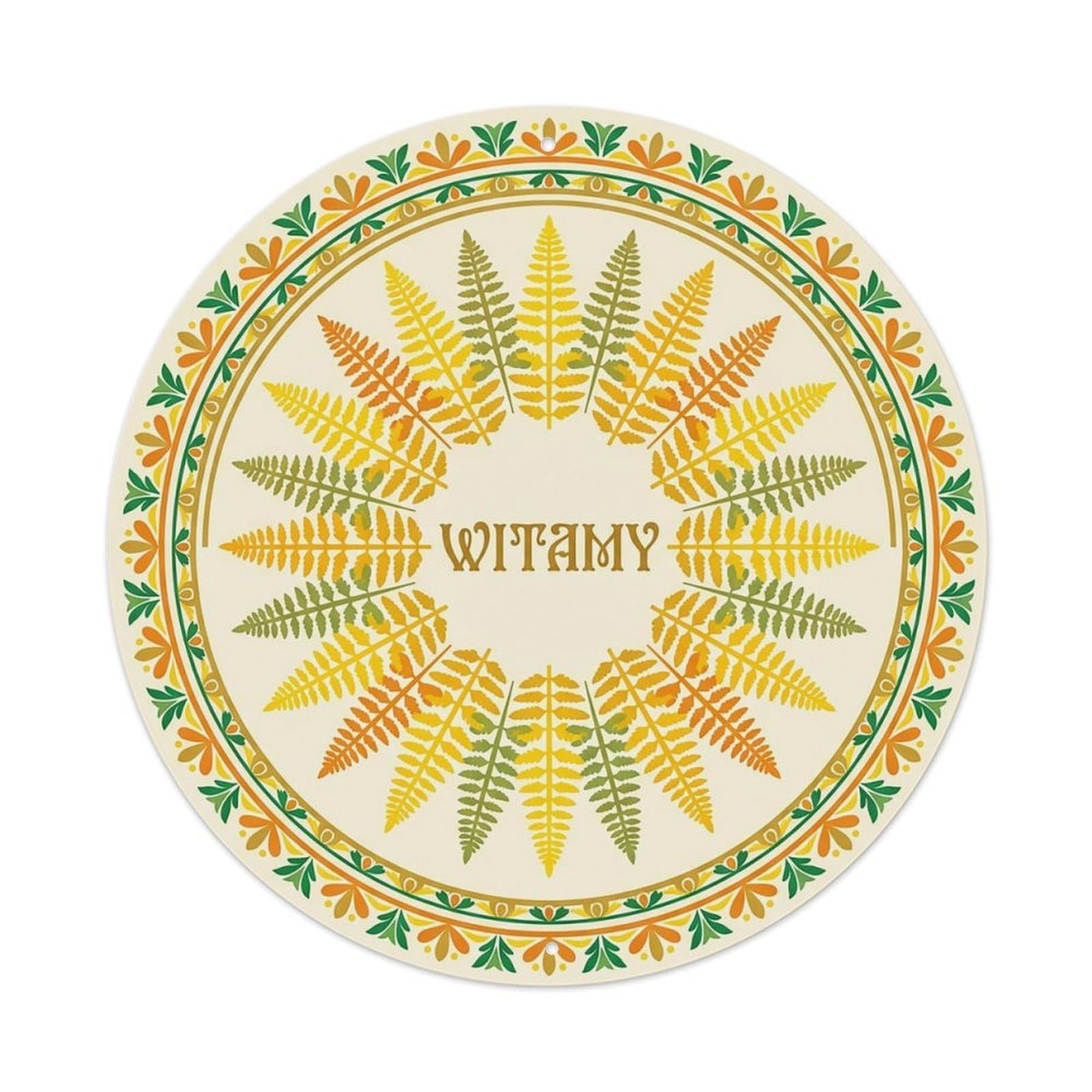 Vintage Polish Folk Art Witamy Welcome Sun Fern Metal Tin Sign