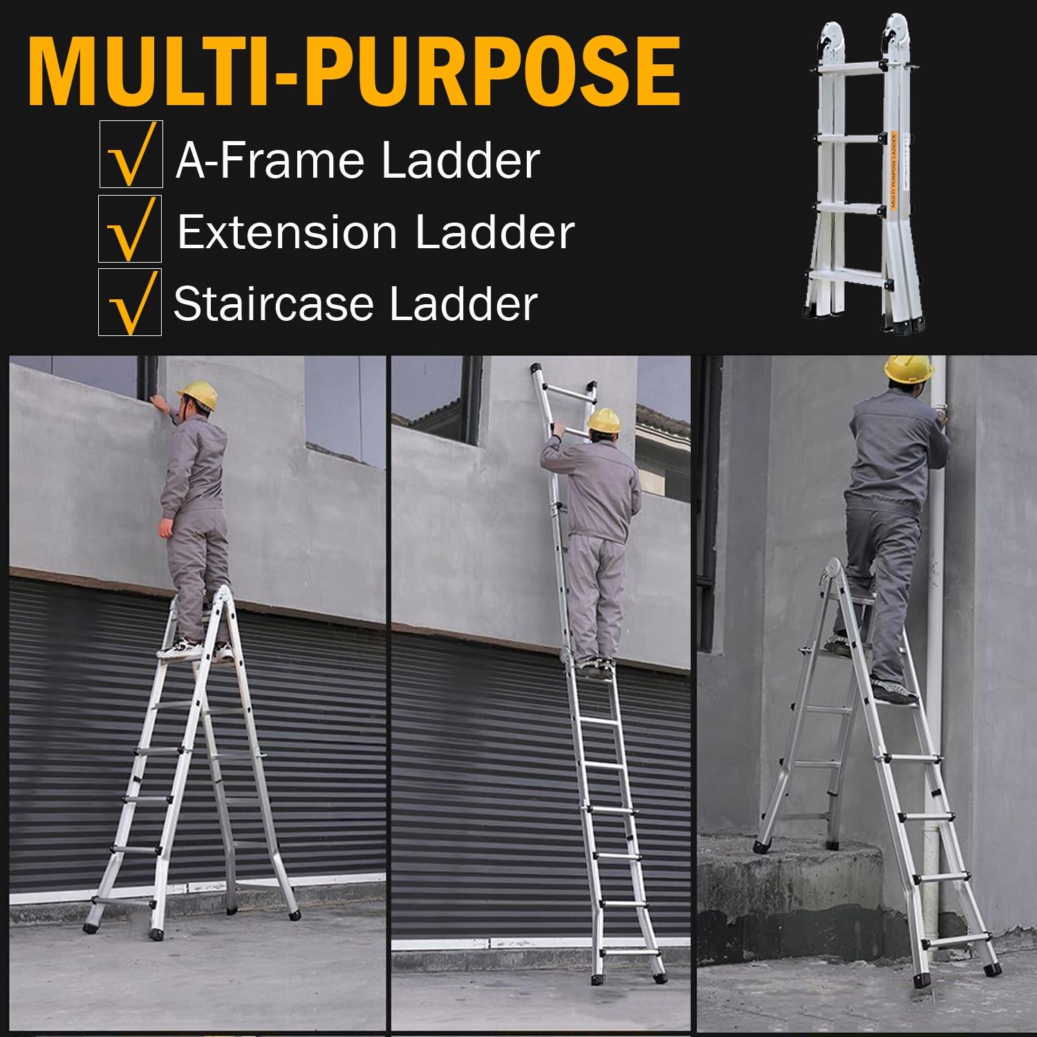 Hooha 3.9M Teleskopleiter 4x4 Multifunktionsleiter 3-in-1 Aluleiter Aluminium Klappleiter Giant 14 Stufen, Max Belastung 150 KG, EN131 mit Werkzeugtasche und Handschuhen, Fur Gartenarbeit, Reinigen