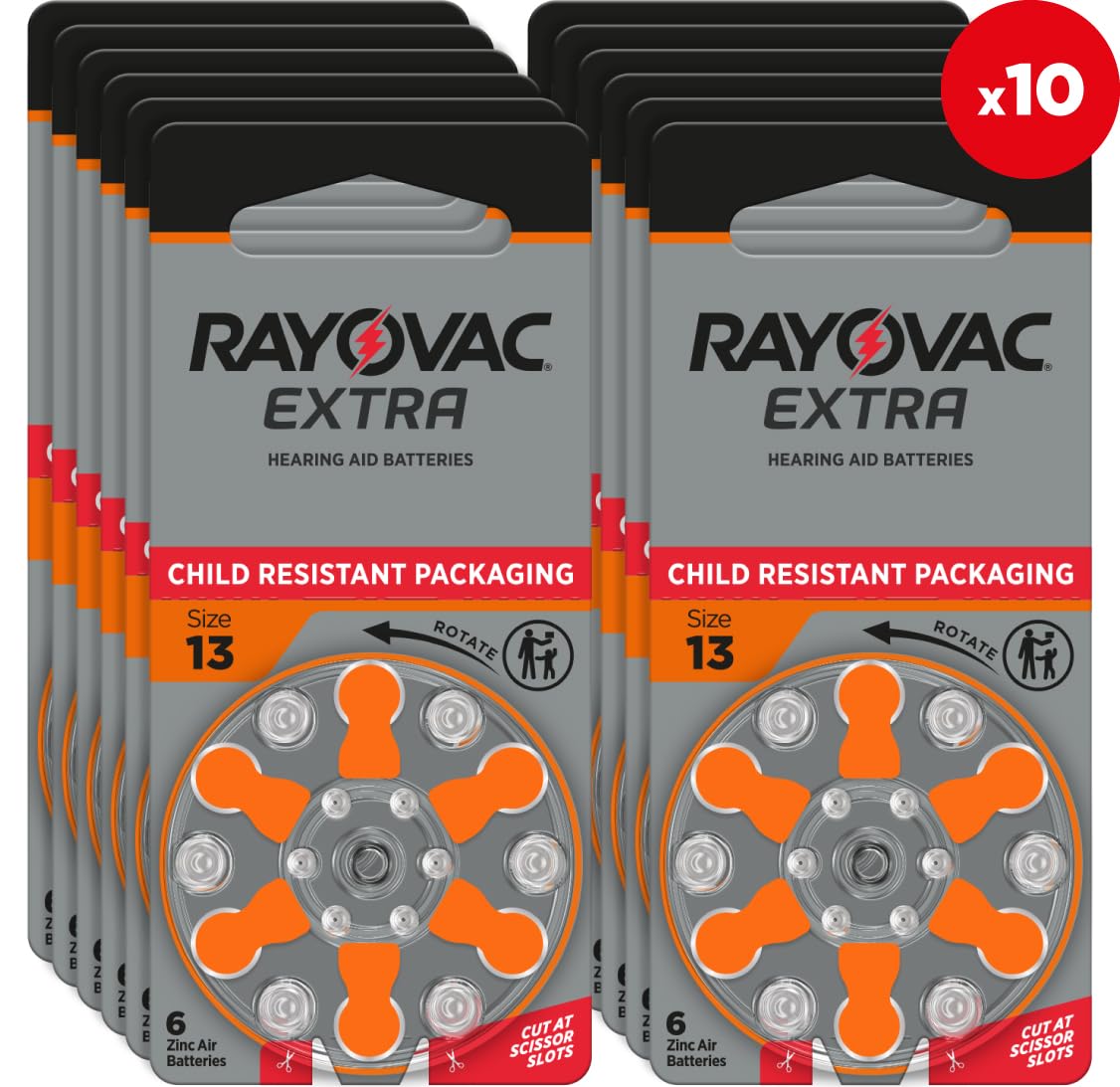 Rayovac Lot de 60 piles pour appareils auditifs Extra Size 13, alimentation durable, zinc-air, sans mercure, 1,45 V, emballage amélioré résistant aux enfants, recyclables, 60 pièces (10 paquets de 6)