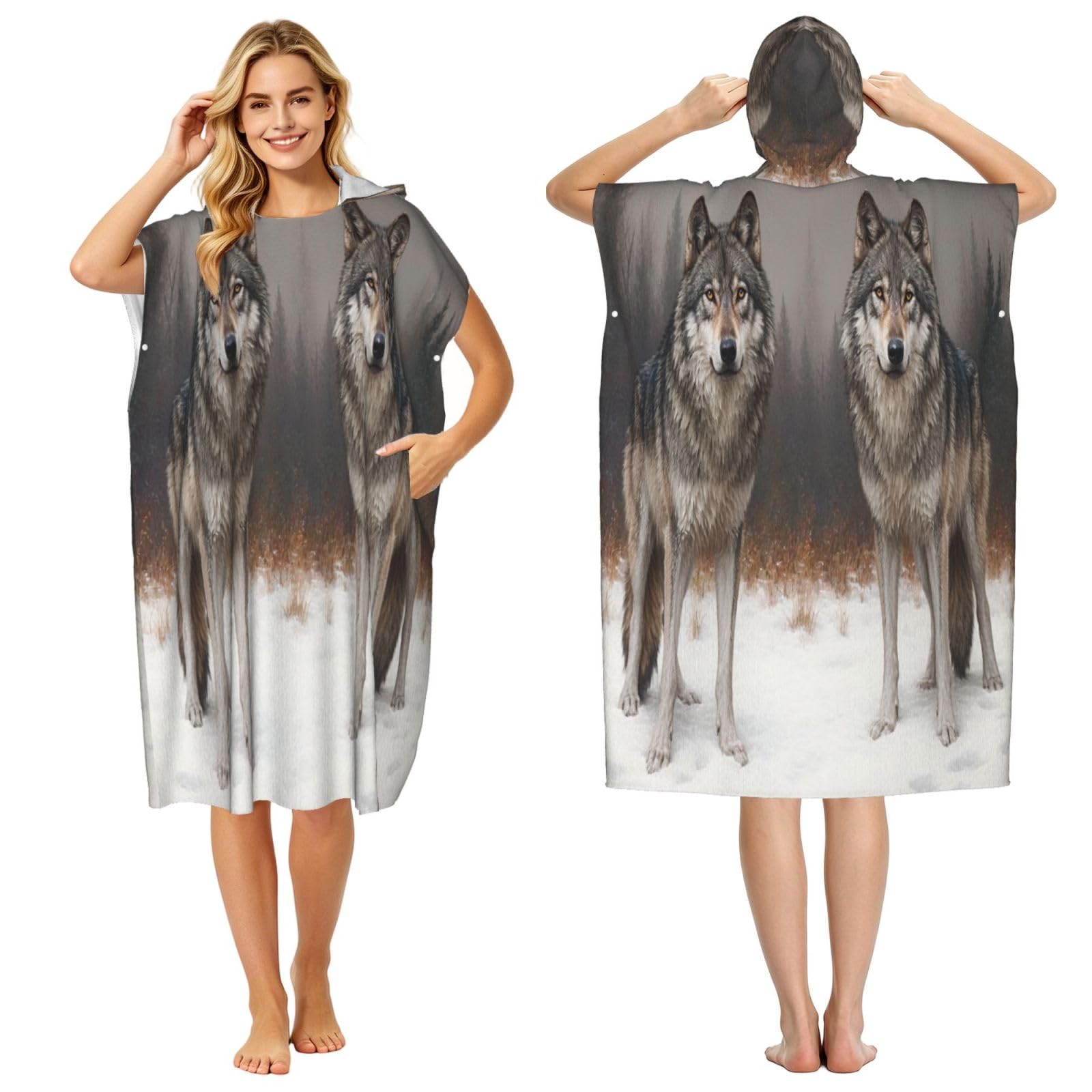 DTHKJNLSF Two Wolves In The Snow Adult Hooded Beach Poncho Towel