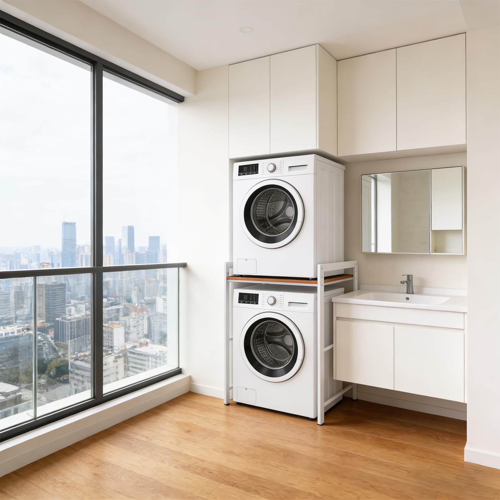 Torre Lavadora Secadora, Kit de Apilado, Estanteria Lavadora, Mueble para Secadora, Soporte, Ajustable en Altura de 3 Niveles, 300 Kg de Carga Blanco