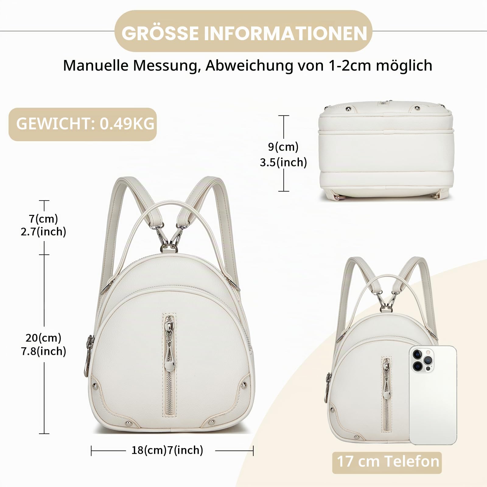 Miss Lulu Damen Handtasche Mini Rucksack Kleiner Eleganter Cityrucksack für Frauen Leichter Reiserucksack mit Abnehmbarem Riemen und 4 Reißverschlusstaschen