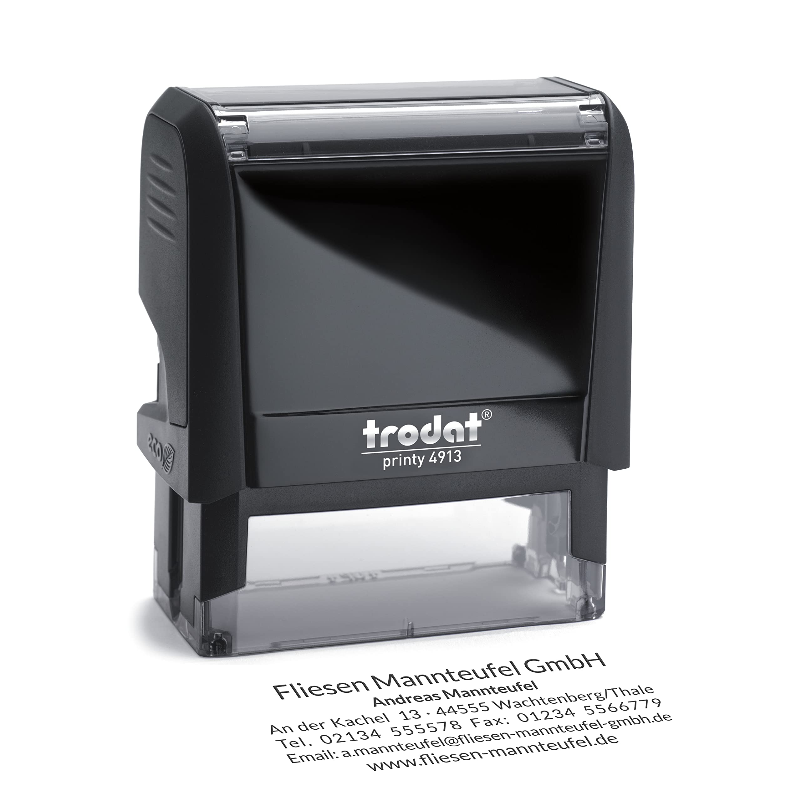 Trodat Personalisierter Stempel Printy 4913 zum direkt hier Erstellen – Selbstfärbend, Abdruck 58 x 22 mm, bis zu 6 Zeilen Abdruck Schwarz