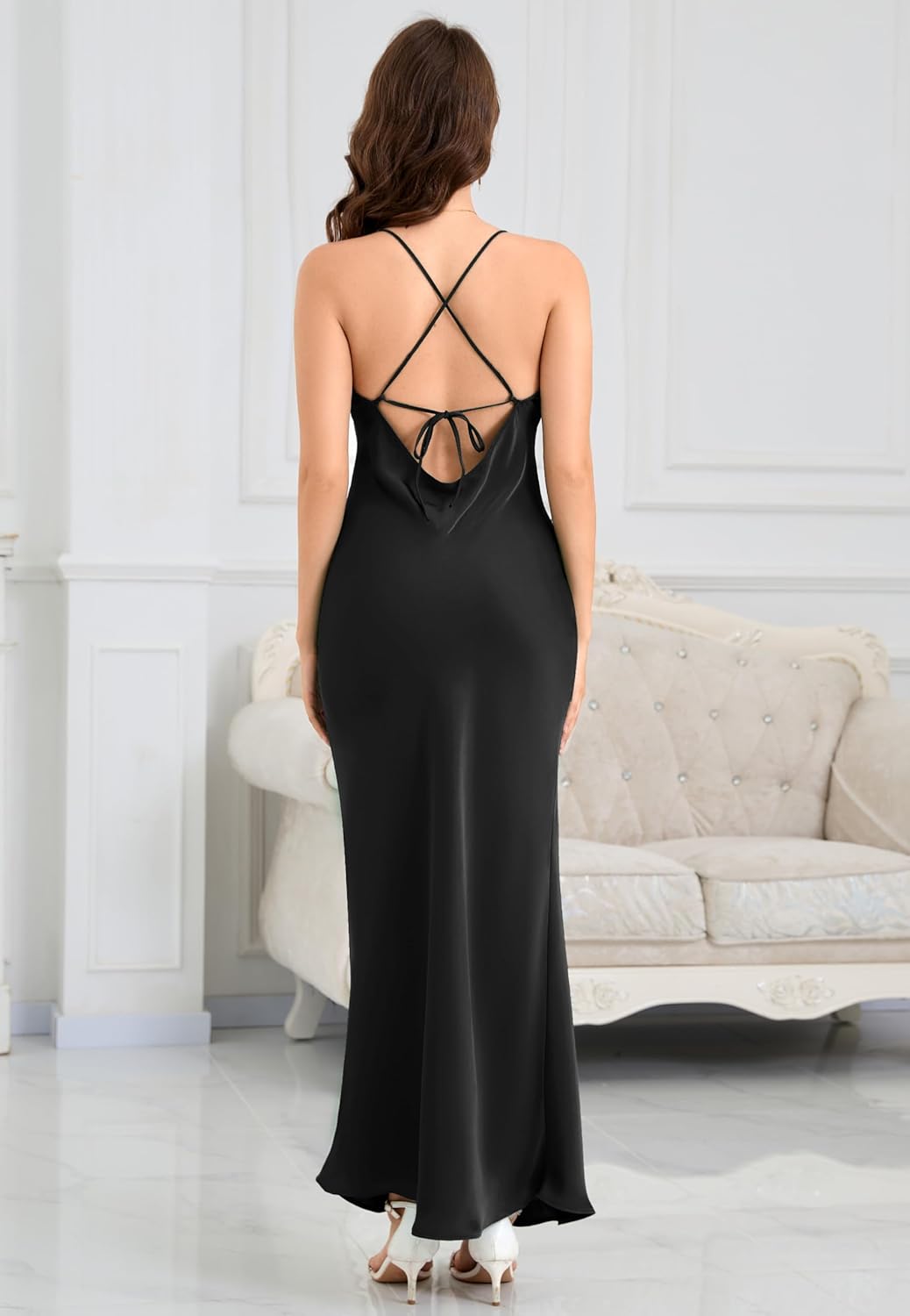 ALCEA ROSEA Women's Silky Satin Cowl Neck Backless Maxi Dress Elegant Tie Long Slip for Evening Party Wedding Guest Cocktail - Image 2